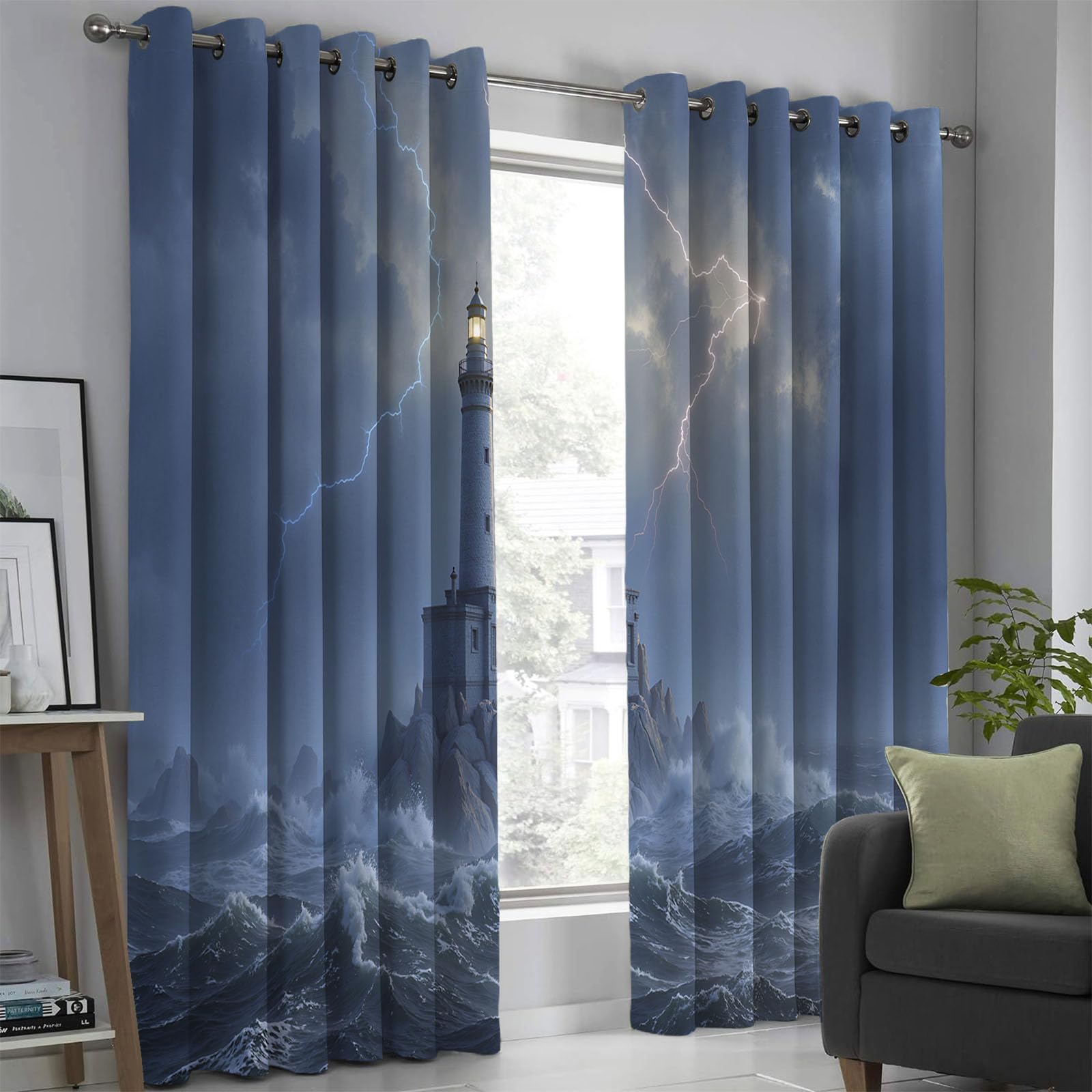 Rideaux occultants pour chambre à coucher au motif phare des vagues pour une ambiance marine