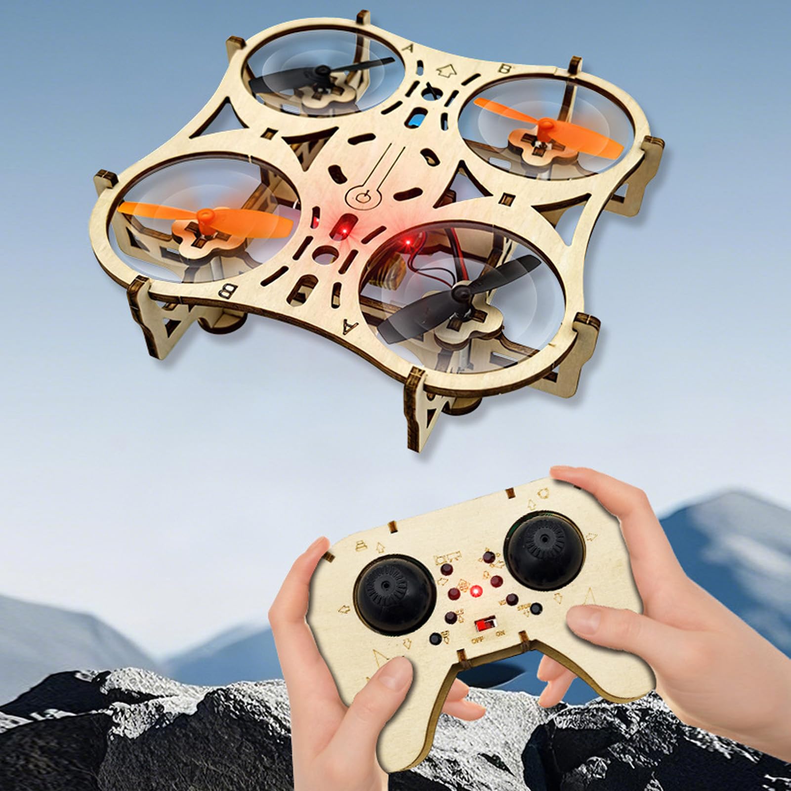 Asixxsix Kit drone in legno fai-da-te, quadricottero radiocomandato con decollo e atterraggio a un tasto e 3 livelli di velocità; come sussidio didattico per gare di aeromodellismo.