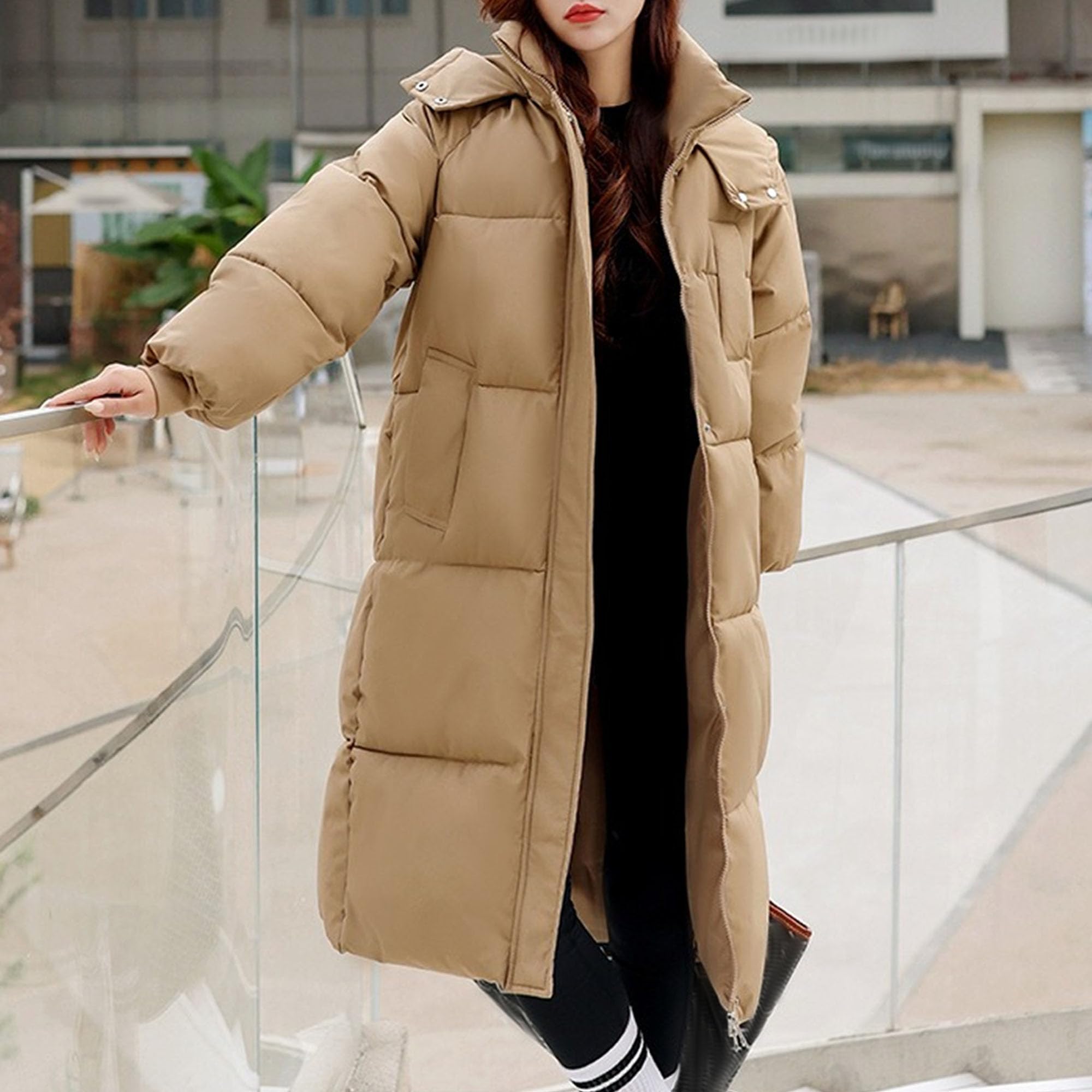 Giacca invernale da donna, casual, lunghezza al ginocchio, con cappuccio e