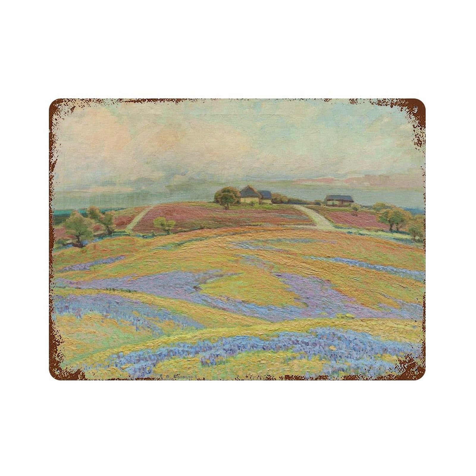 xiaoxiaoshen Impressionist Wildflower Field Landscape Oil Painting in Soft Tones Wall Decor Art Metal Tin Poster Modern Home Decor Art Home Bar Shop Decorations Vintage Sign 30x40cm