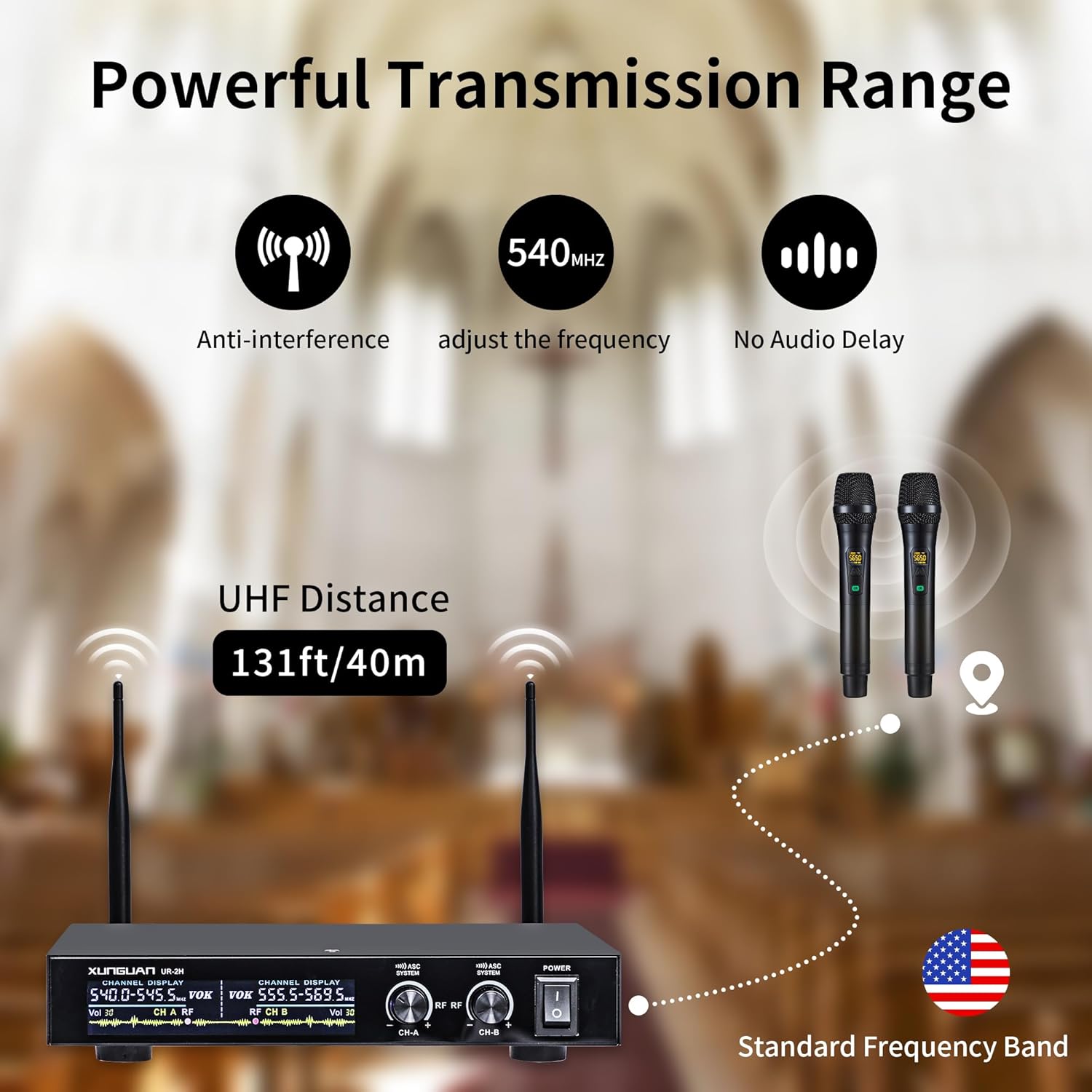 UR-2H Wireless Microphone System Dynamic Handheld Microphones,150 Ft Operating Range,Fixed Frequency, Use for Karaoke Singing, Family Party,Church
