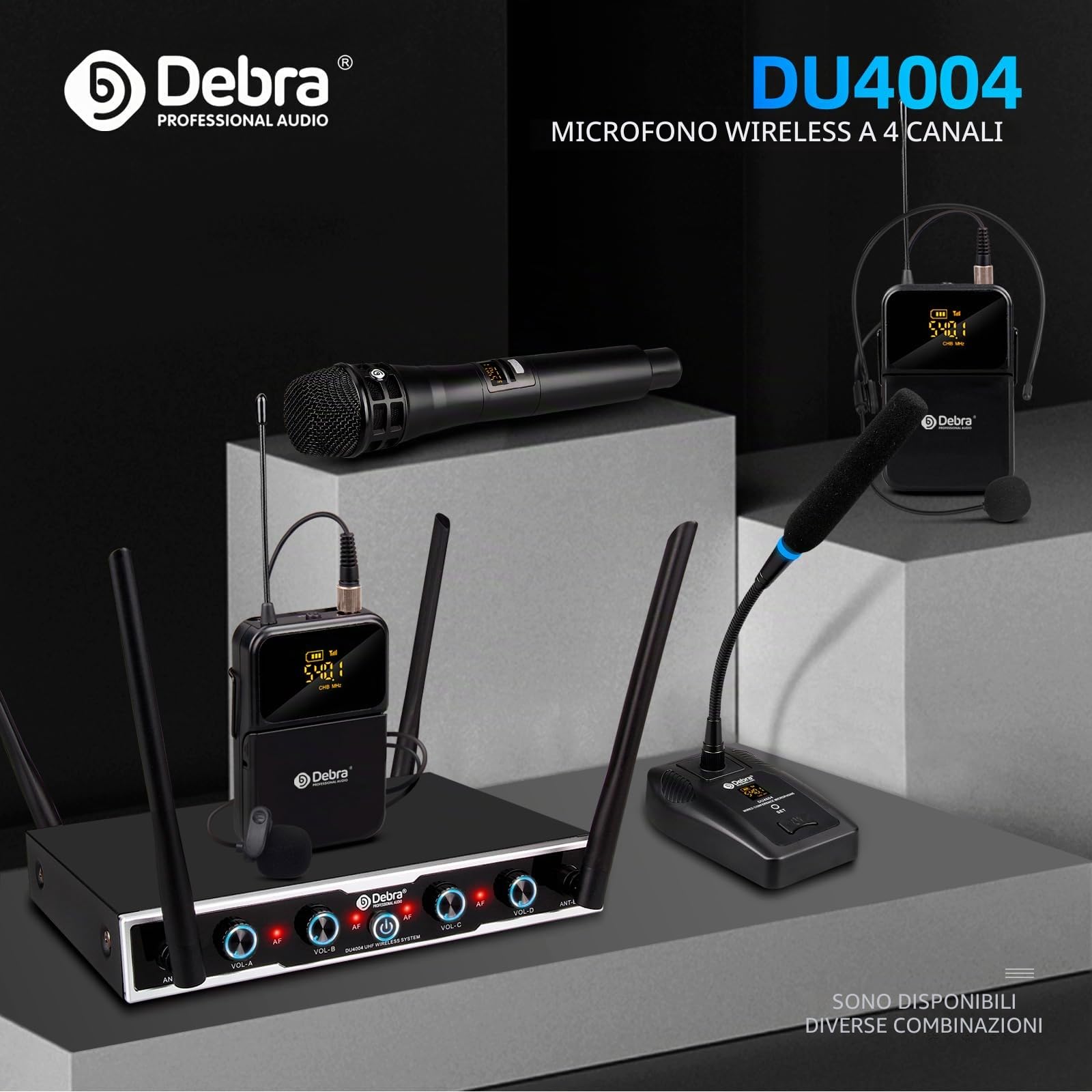 D Debra Audio Sistema di microfoni senza fili Pro DU4004 UHF 4 * 16 canali regolabili Microfoni auricolari lavalier palmari senza fili, ideali per riunioni Chiesa Discorso Festa (2 Palmare 2 Bodypack)