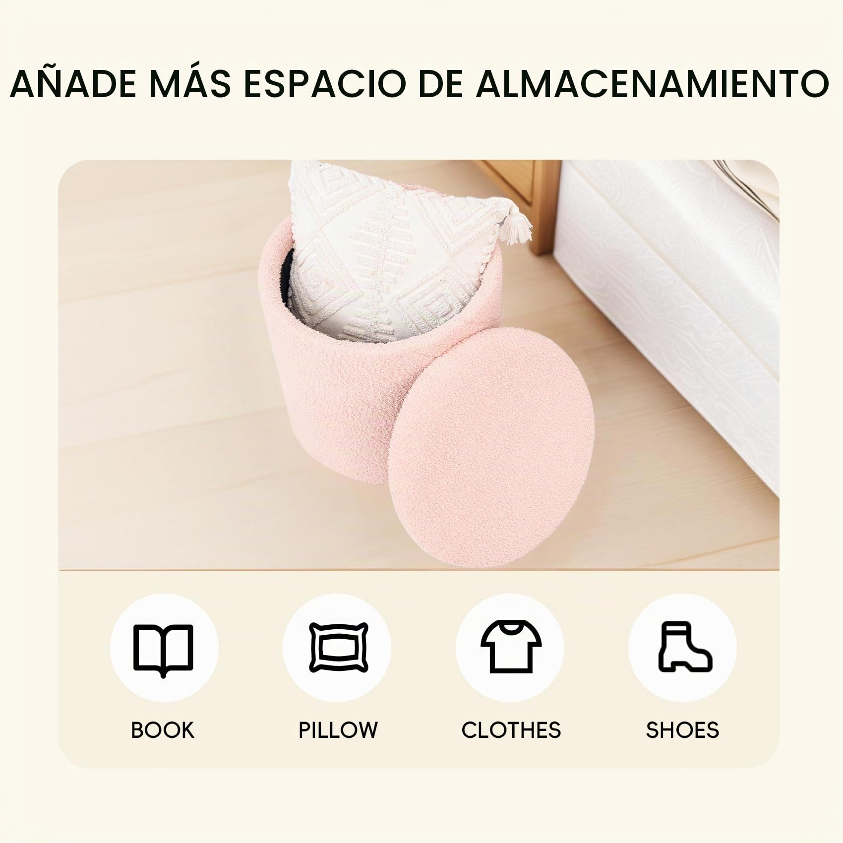 PINPLUS Puff Almacenaje Plegable con Tapa Reversible, Taburete Otomano Redondo Teddy Bouclé, Reposapiés para Salón o Dormitorio, Ø 43 x 45 cm, Rosa