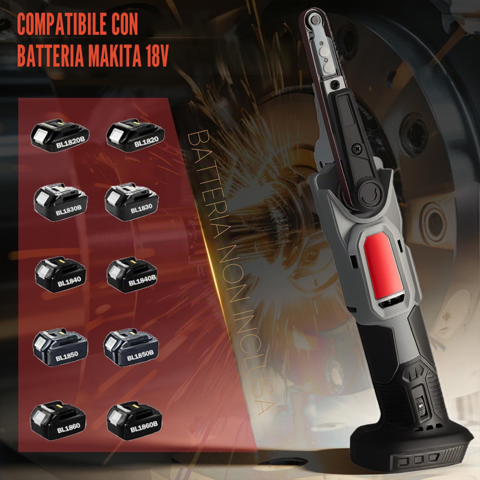 Levigatrice a nastro a batteria compatibile con Ma-kita 18V, lima a nastro senza spazzole con bracci di levigatura da 10 mm 16 nastri abrasivi 6 livelli di velocità e nastro abrasivo orientabile a 35°