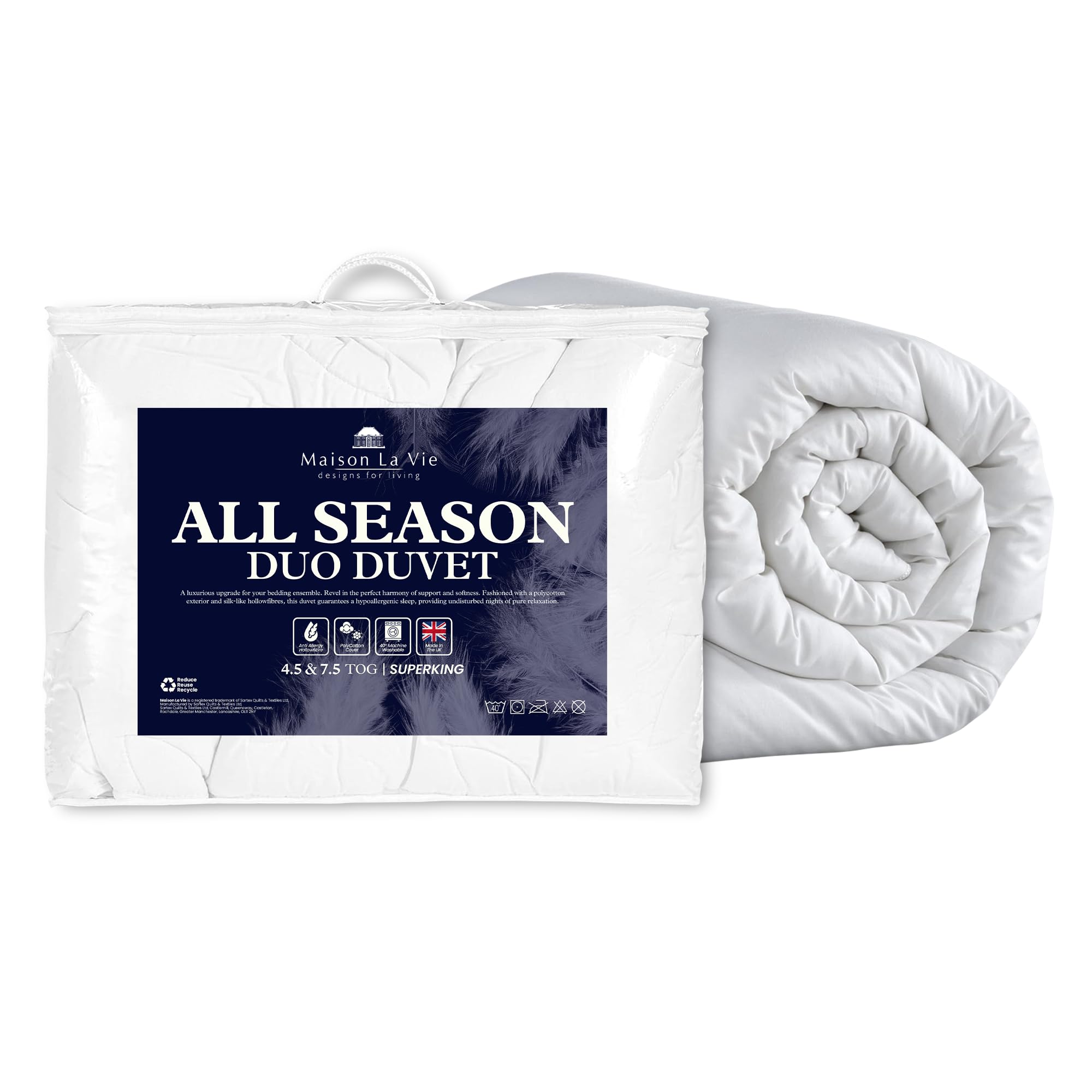 Mason La Vie Luxury All Seasons Duo Duvet - 4.5 and 7.5 Tog Lightweight and Medium Weight Super King Duvet Set, Anti Allergy, White, Super King