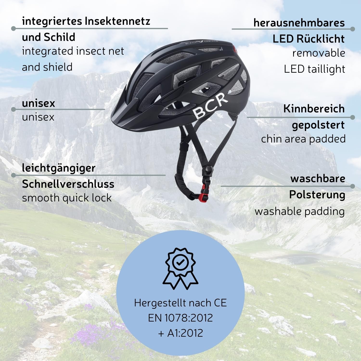 BLACK CREVICE Casco da bicicletta per adulti con luce LED dietro removibile I Casco per bici in diversi colori I Casco per uomo & donna I Casco da bici traspirante