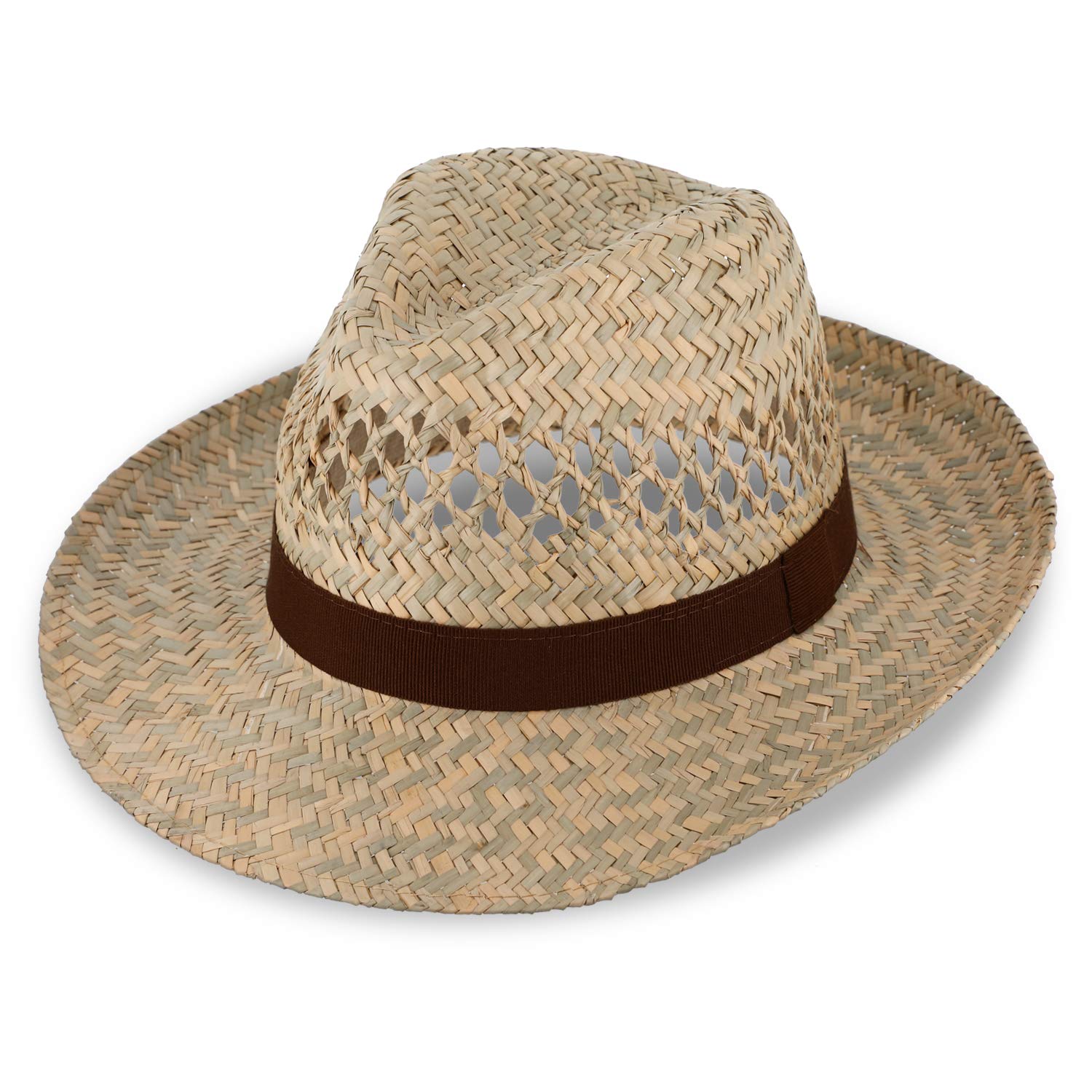 fiebig Sombrero de Fedora con Cinta marrón | Sombrero para el Sol para Hombre y Mujer | Sombrero Bogart en 100% Paja Sombrero de Verano con ala Ancha