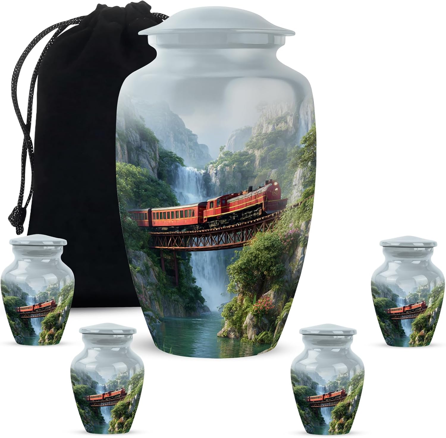 Train Cremation Urns for Human Ashes – Waterfall Combo of 5 with 1 Large 10 Inch Urn for Mom & Man and 4 Mini Keepsake Urns for Dad & Women – Memorial Funeral Set for Adult Male & Female