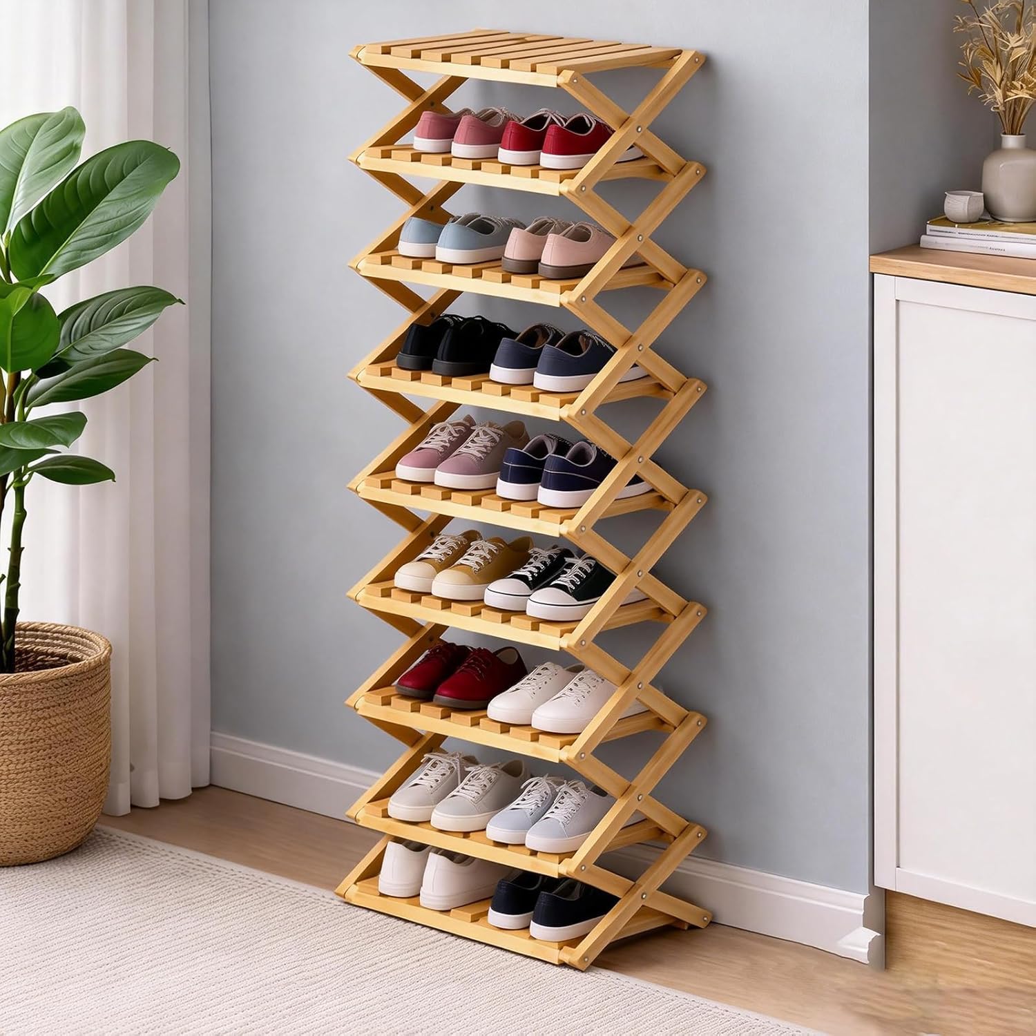 9 Tier Bamboo Shoe Rack, The 9-Tier No-Assembly Bamboo Rack, Foldable Bamboo Shoe Rack, Foldable Vertical Organizer, Vertical Shoe Organizer for Small Spaces (Nature)