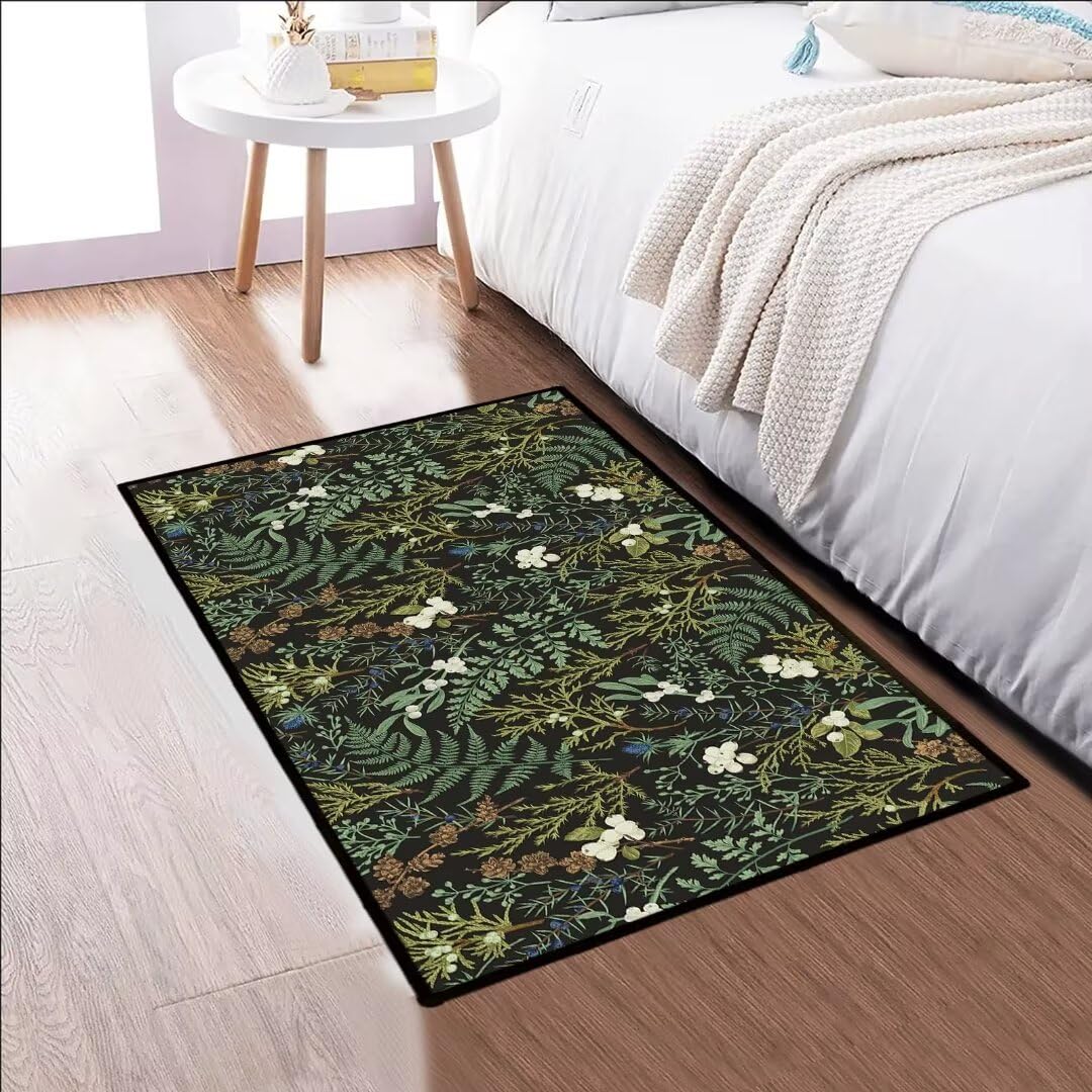Black Green Area Rug 2x3 for Bedroom,Botanical Print Throw Rugs Vintage Rug Small Entryway Rug,Plant Leaf Printed Doormat Washable Non Slip Area