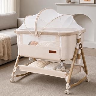 Maydolly 3-in-1 Baby Beistellbett – Vielseitiges Beistellbett, Reisebett & Stubenwagen inklusive Matratze & Moskitonetz – Höhenverstellbar mit Rollen, klappbar und mit Tragetasche – Cremeweiß