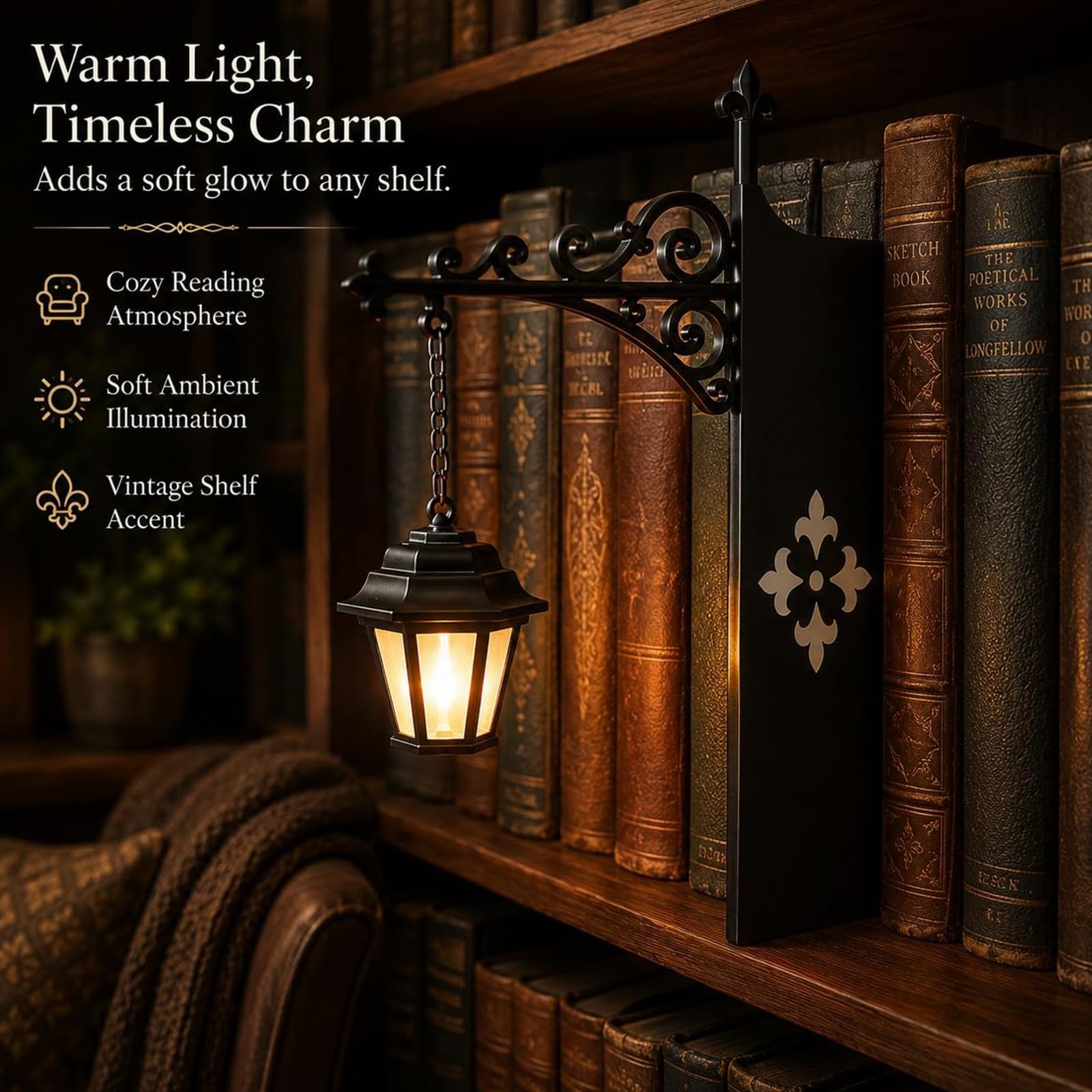 Lampa półkowa, przenośna latarnia biblioteczna w stylu vintage, ciepła lampka nocna LED do kącika do czytania, dekoracyjne światło, prezent dla miłośników książek i czytelników, ozdoba do zakątku