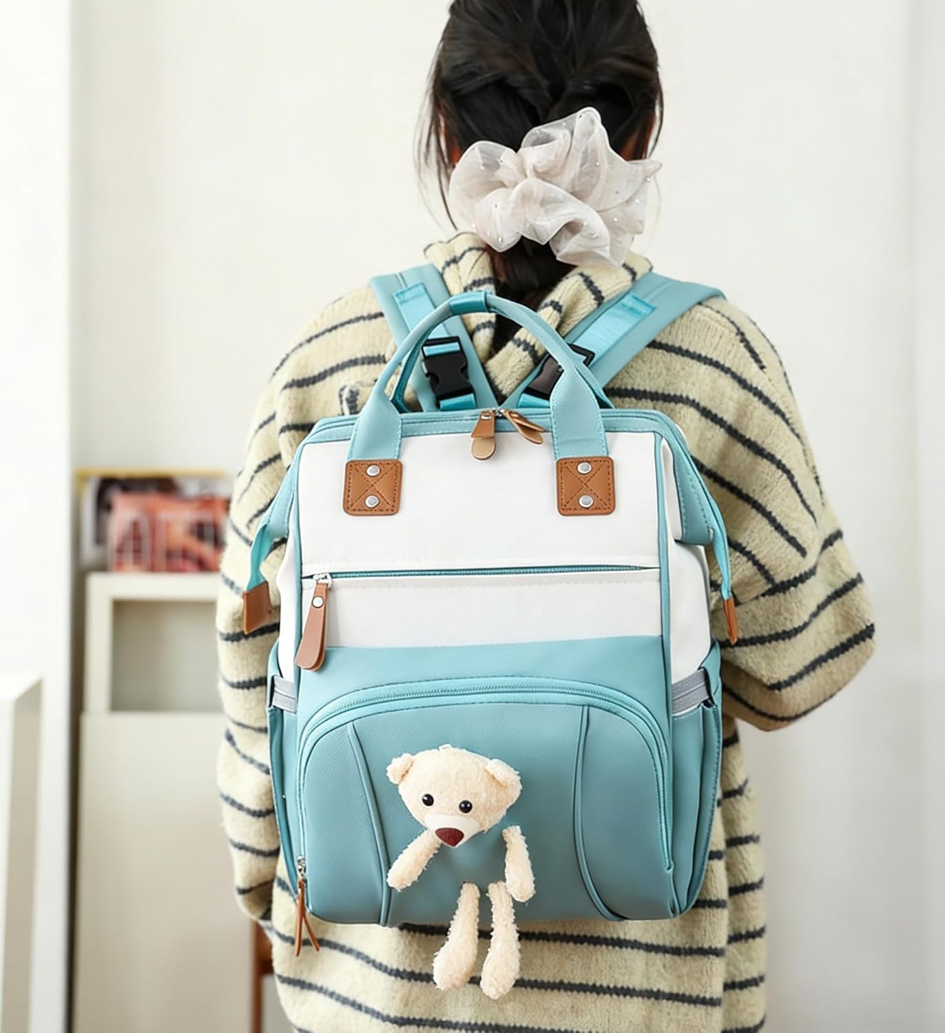 Stylish Baby Diaper Bag Backpack Stroller Straps Large Diaper Backpack Boy Girl Water Resistant Travel Diaper Backpack for Mom Dad Boys Girls White-Blue