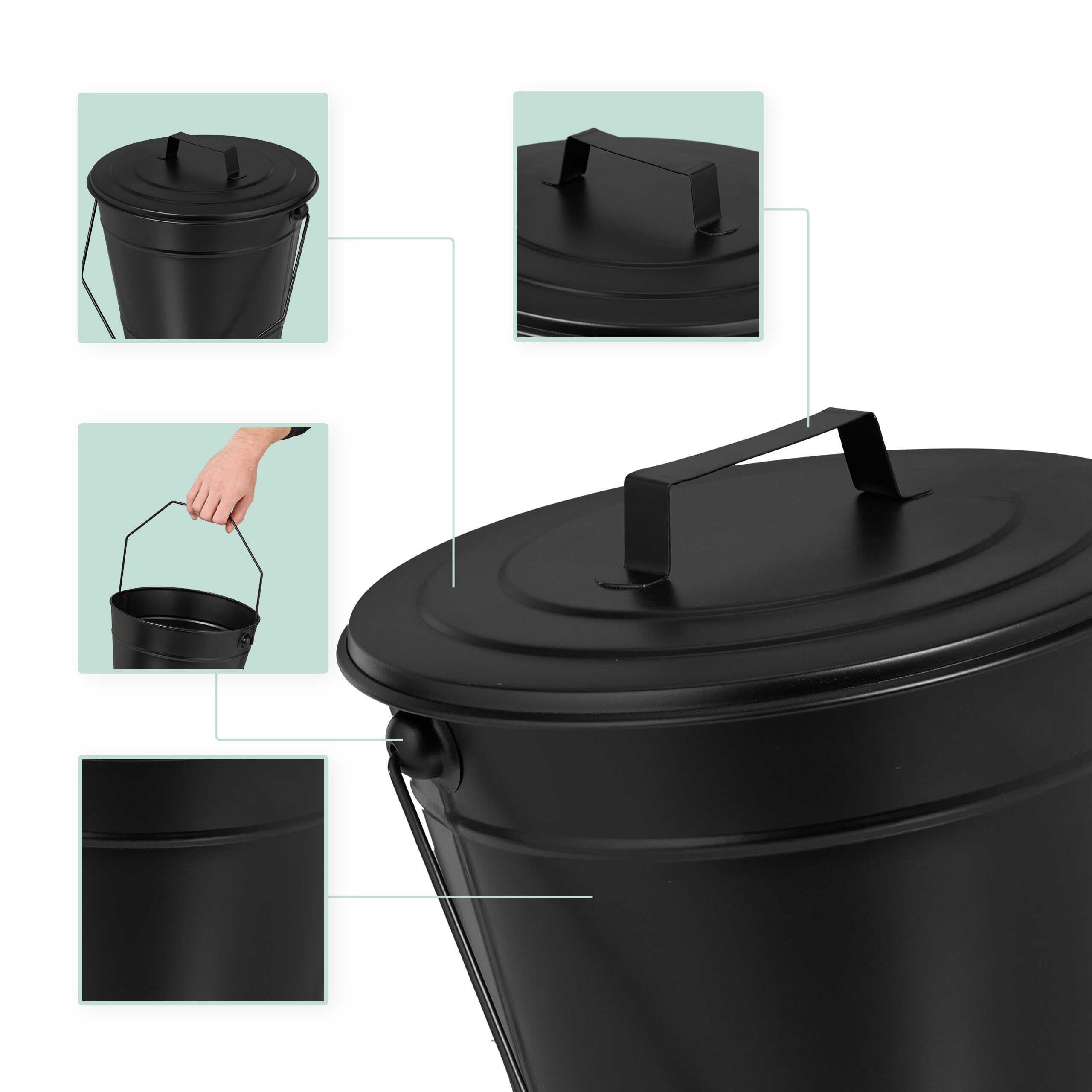 Relaxdays Cubo para Cenizas con Tapa, 7 L, Accesorio para Chimenea, Estufa, con Asa, Almacenar Carbón, Hierro, Negro