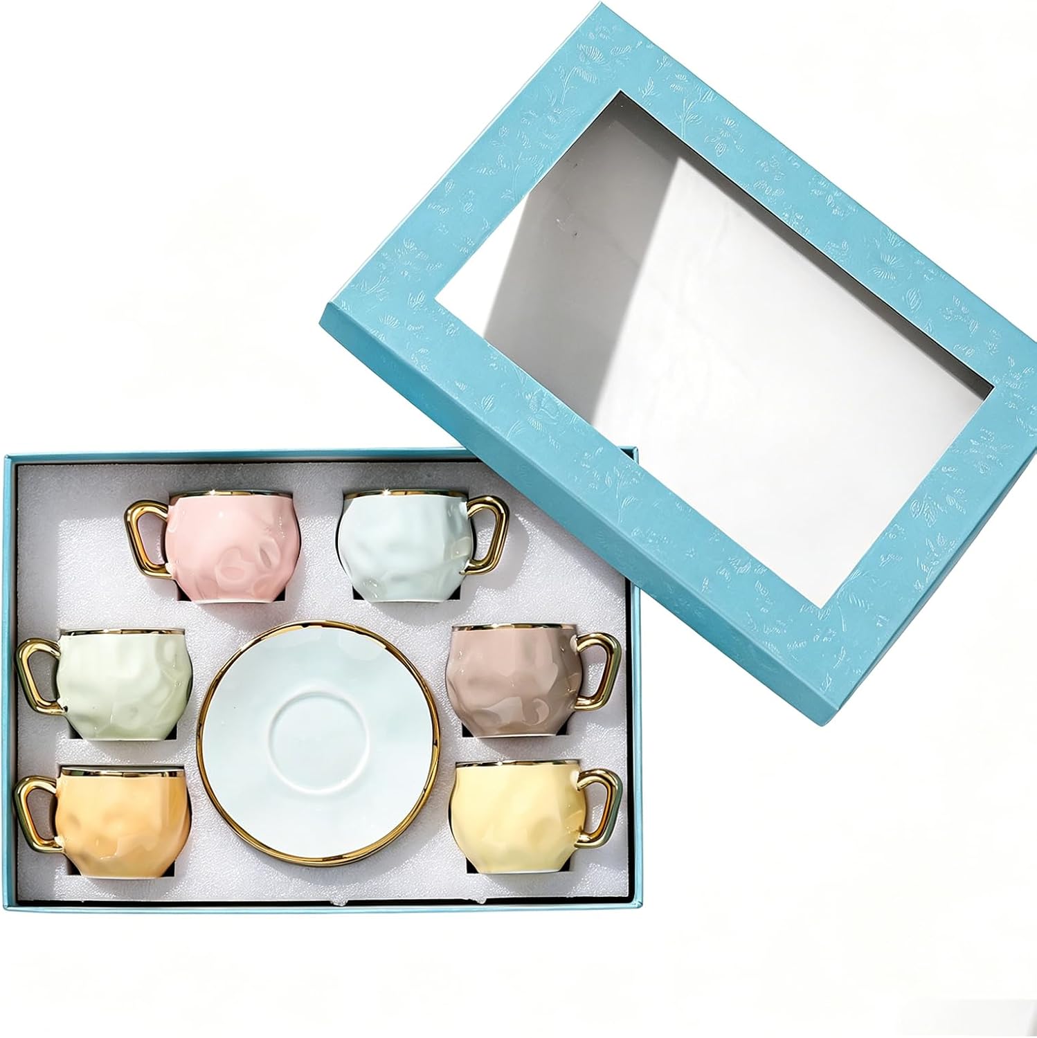 3 Oz Espresso Cups Set Of 6 - Textured Stoneware Demitasse Cup Set - Macaron Pastel Coffee Cups And Saucers - Coffee Mugs Gift Set (Color 2)