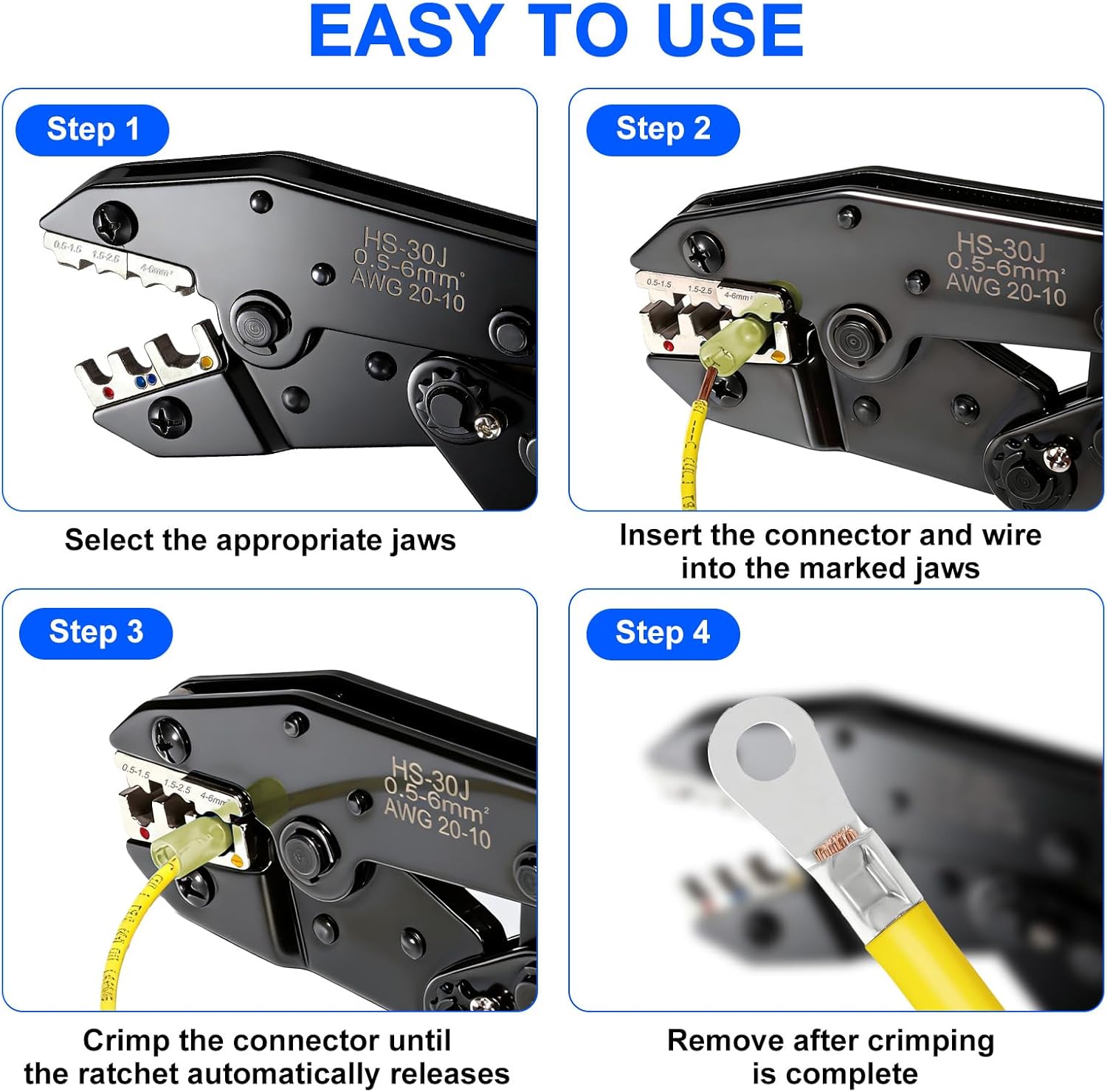 Wire Crimping Tool, Ratcheting Wire Crimper Set with 6 Replaceable Dies, Heavy Duty Crimper for Heat Shrink, Insulated Nylon, Non-Insulated, Wire Ferrules, Open Barrel Terminals and Solar Connectors