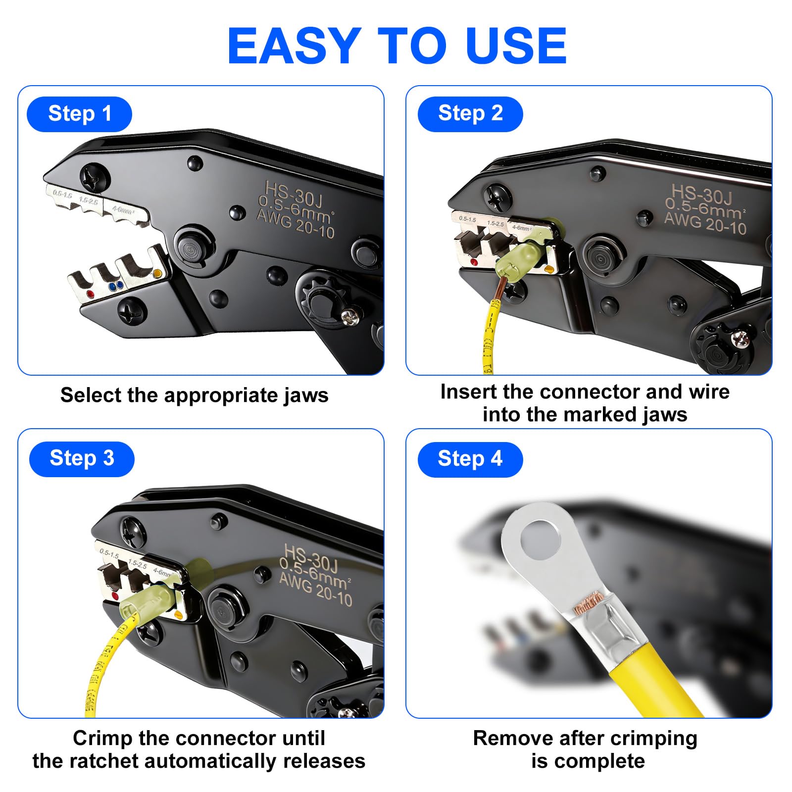 Juego de alicates de crimpado de trinquete con 6 inserciones intercambiables, alicates de crimpado de carga pesada para conectores termocontraíbles, cables aislados/sin aislamiento, férulas