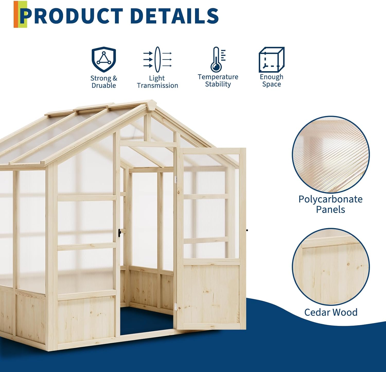 Garvee 8x6 ft Wooden Greenhouse, Greenhouses for Outdoors with Lockable Door, Wood Frame & Adjustable Vent, Heavy Duty Greenhouse with Polycarbonate Panel for Outside, Garden, Yard, Light Brown