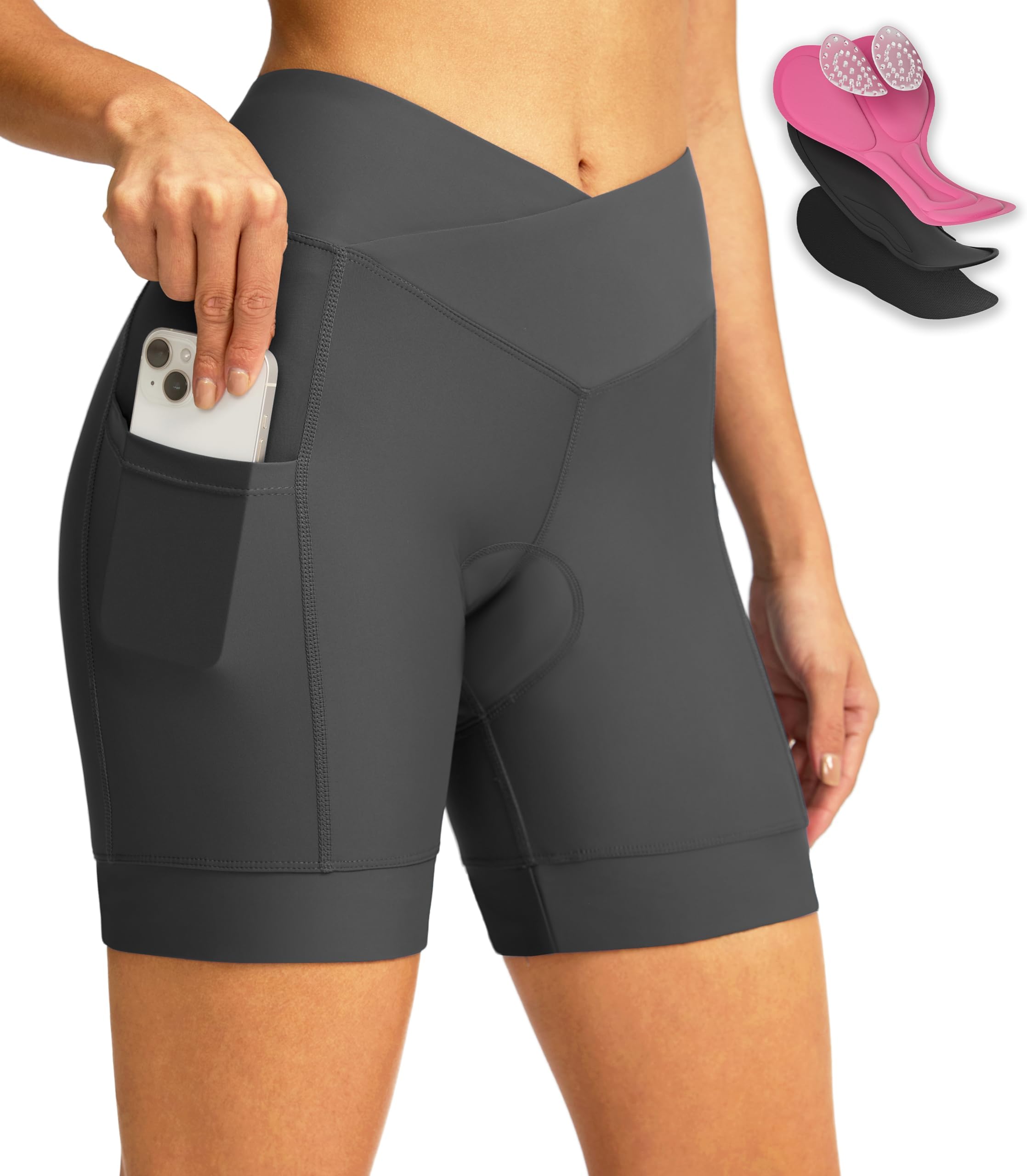 Women's Bike Shorts 4D Padded Cycling Shorts Crossover Waist Biking Shorts with Pockets Bicycle Riding