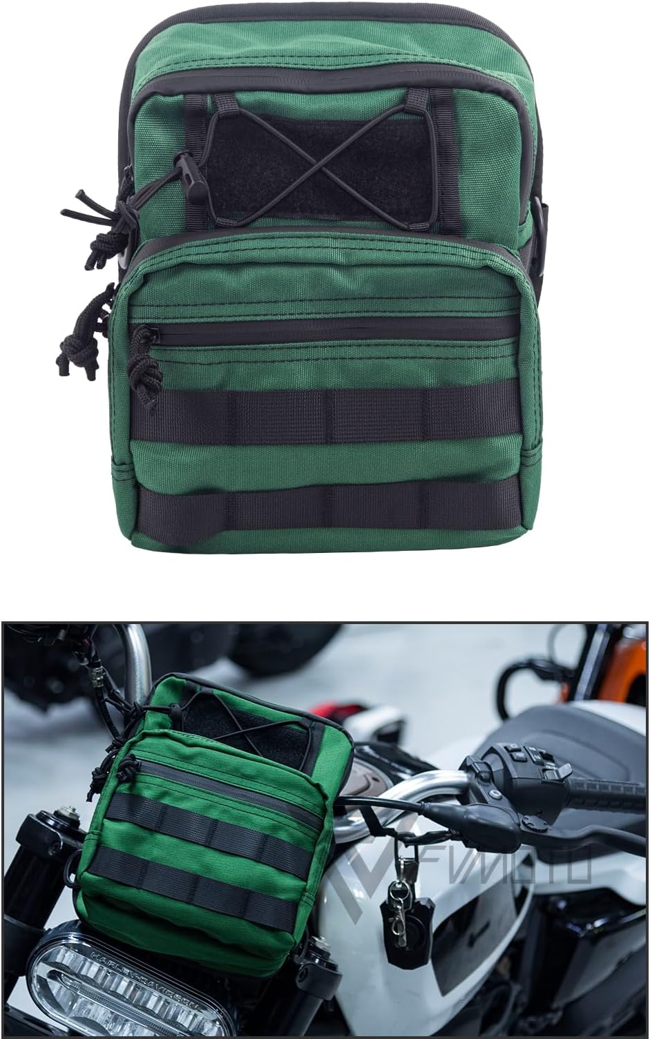 Motorcycle Universal Club Style Utility Molle Traveller Bar Handlebar T-Bar Bag Handle Bags, Fit For Harley Dyna Street Bob Softail Sportster, Tool Pouch Trunk Storage Bag, Snake Venom Green