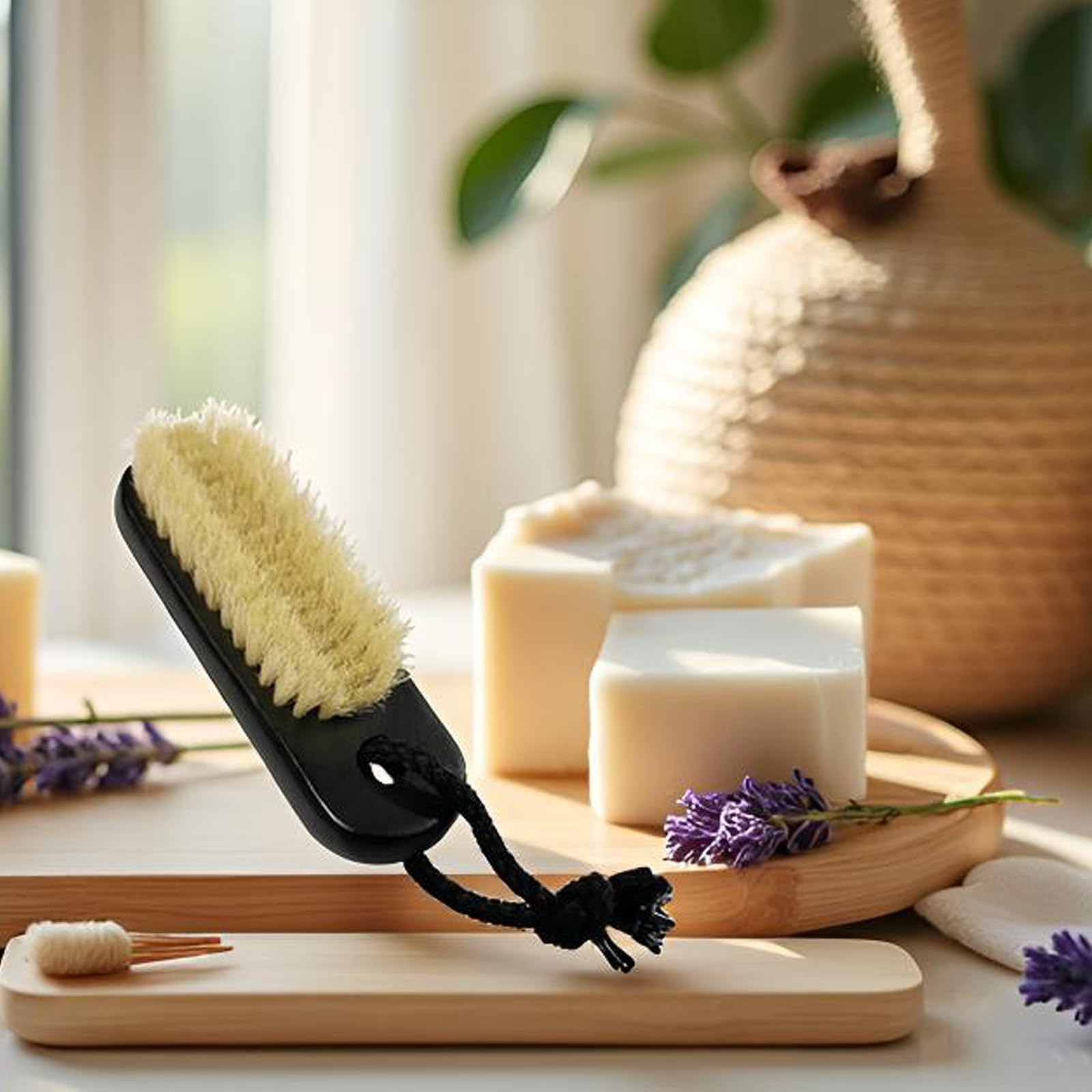 Cepillo de Uñas de Madera Negro x 2 Pulgadas Natural Cerdas de Jabalí para Limpiar los Dedos de la Mano, Dedos del pie para Hombres, Mujeres, Niños, Pedicura Manicure (Dos Caras + Cuerda)