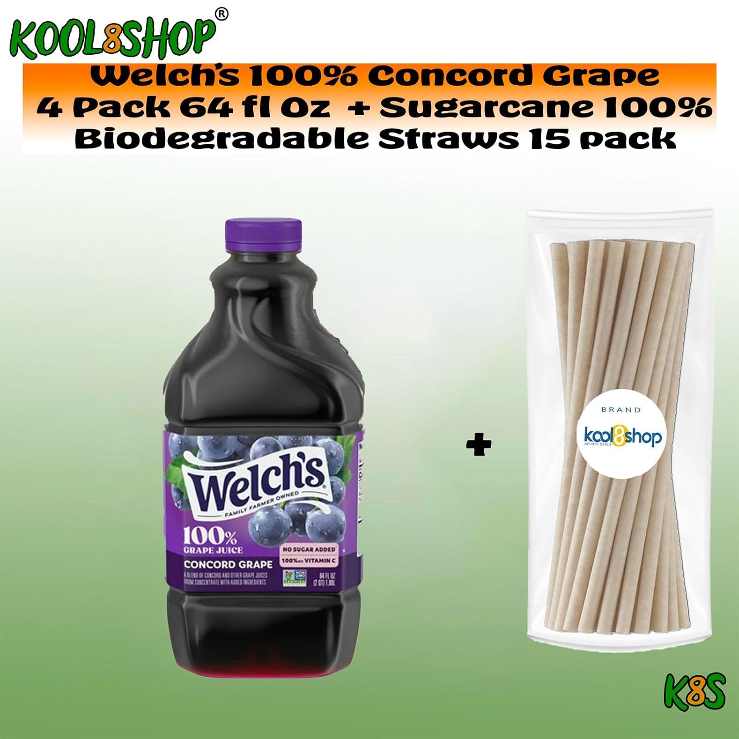 Welch's 100% Concord Grape Juice Drink 64 fl oz Plastic Bottles 4 Pack + 15 Sugarcane Disposable Straws by KOOL8SHOP Infinite Deals