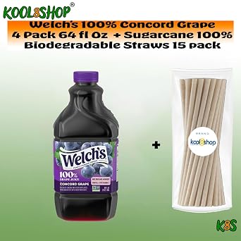 Welch's 100% Concord Grape Juice Drink 64 fl oz Plastic Bottles 4 Pack + 15 Sugarcane Disposable Straws by KOOL8SHOP Infinite Deals