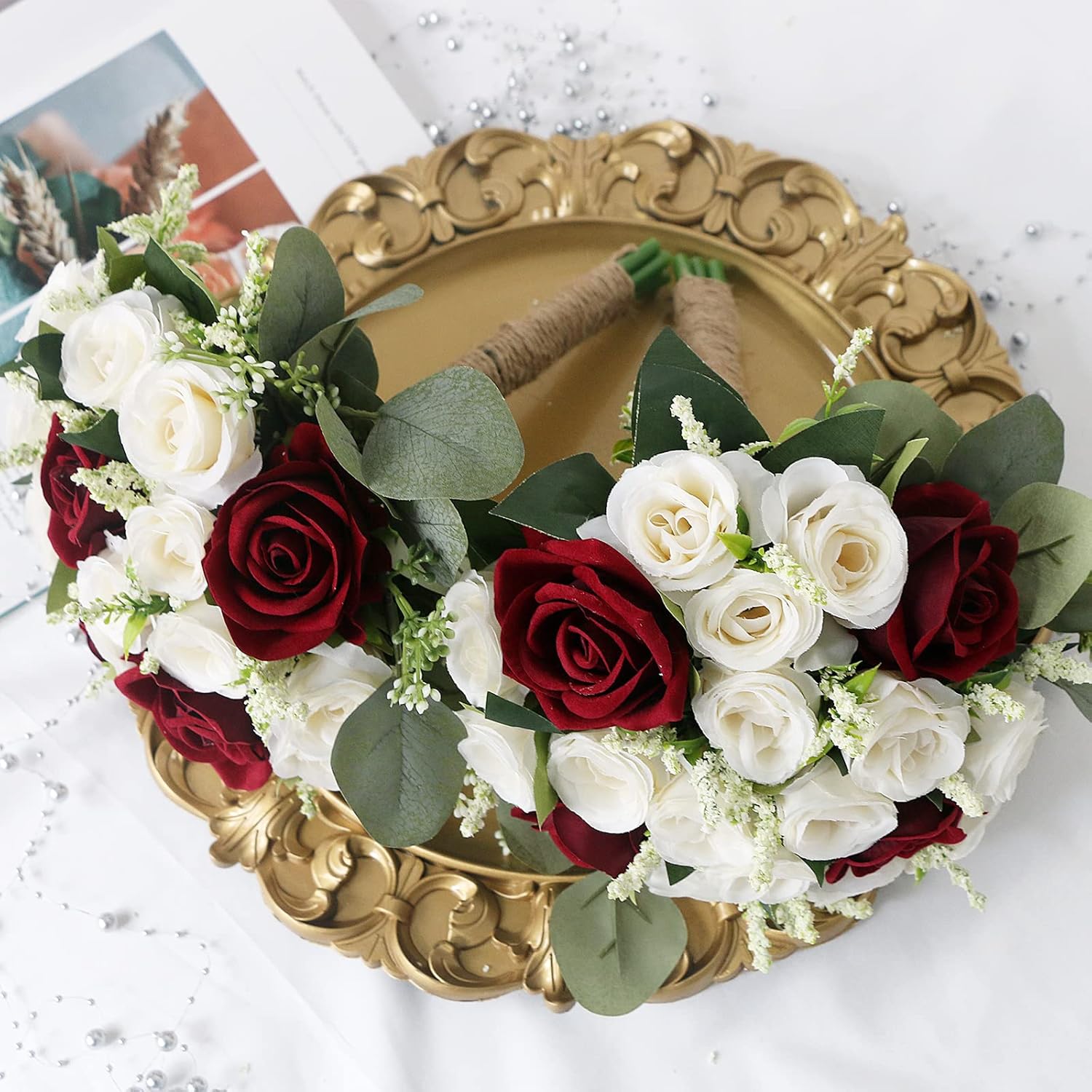 Set of 4 Bridesmaid Bouquets for Wedding - 7 Inch Artificial Wedding Flower Bouquet for Party Ceremony Anniversary Dinning Table Centerpieces Decor - Burgundy & White - Image 5