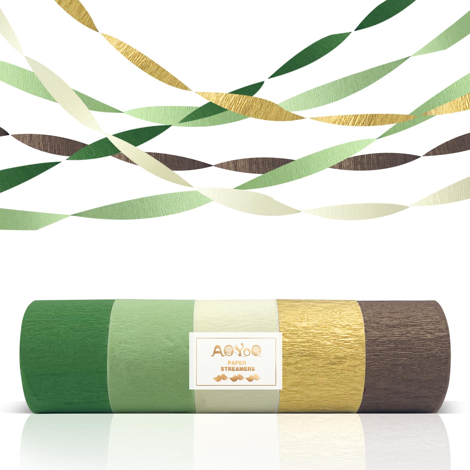AOYOO 5 Rolls Crepe Paper Streamers - Sage Olive Green, Gold & Ivory Party Decorations for Wedding, Bridal Shower, Engagement, Boho Eucalyptus