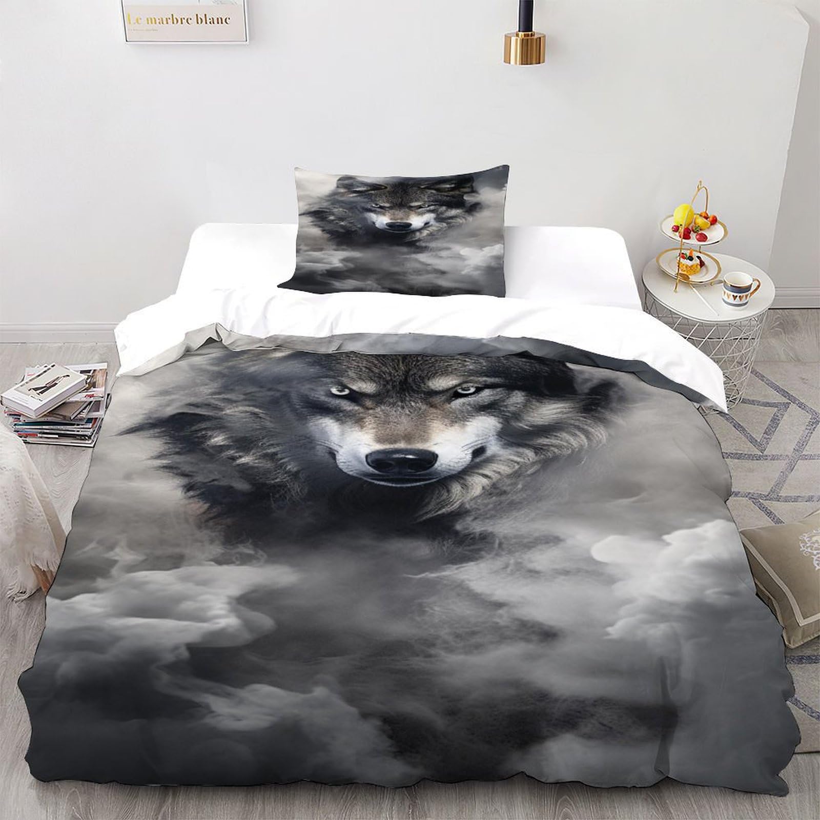 Housse de couette loup gris 135x200 parure de lit microfibre respirante single