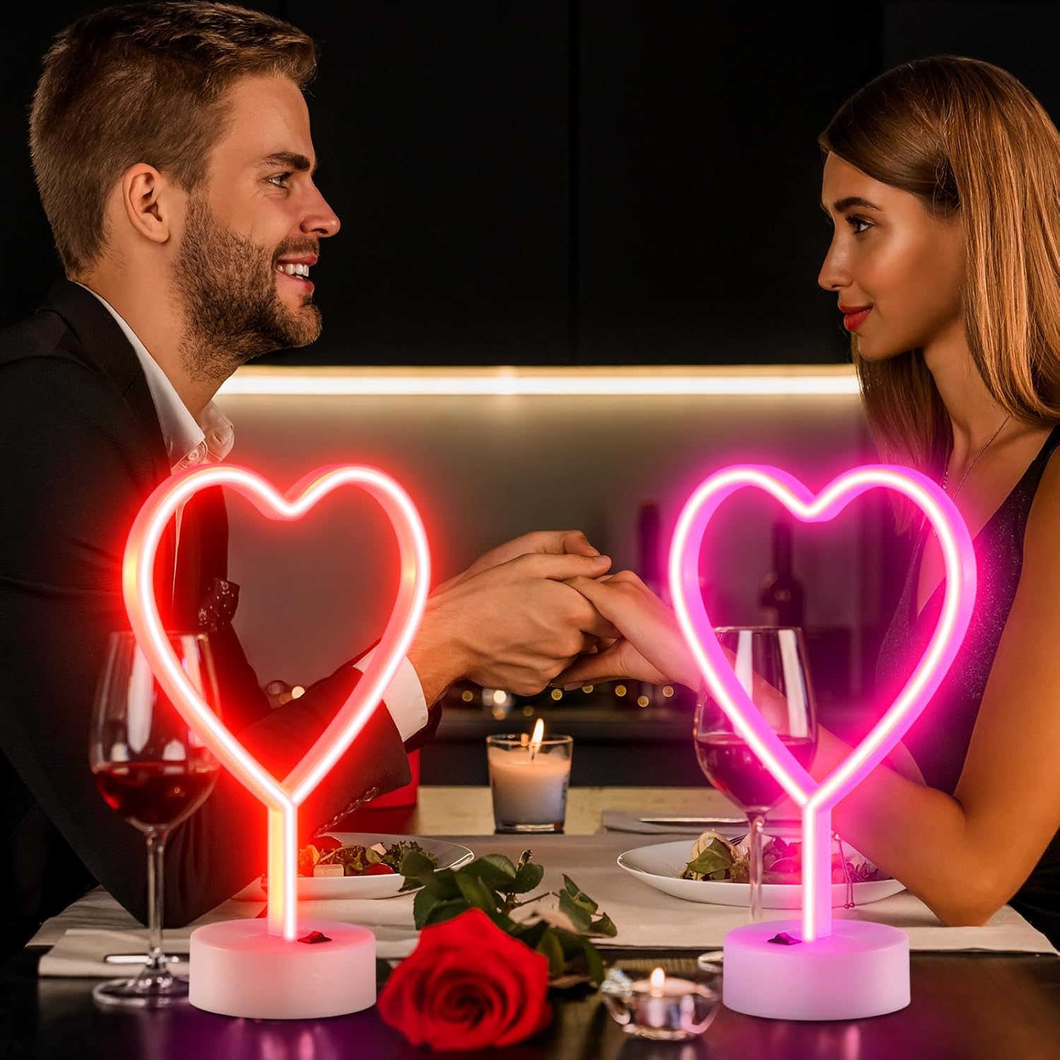 Retisee 6 Pack Heart Neon Sign LED Neon Light Battery Operated or USB Powered Valentines Heart Shaped Lamp Table Decor for Valentine's Day Gifts, Wedding, Party, Pink Room Decorations