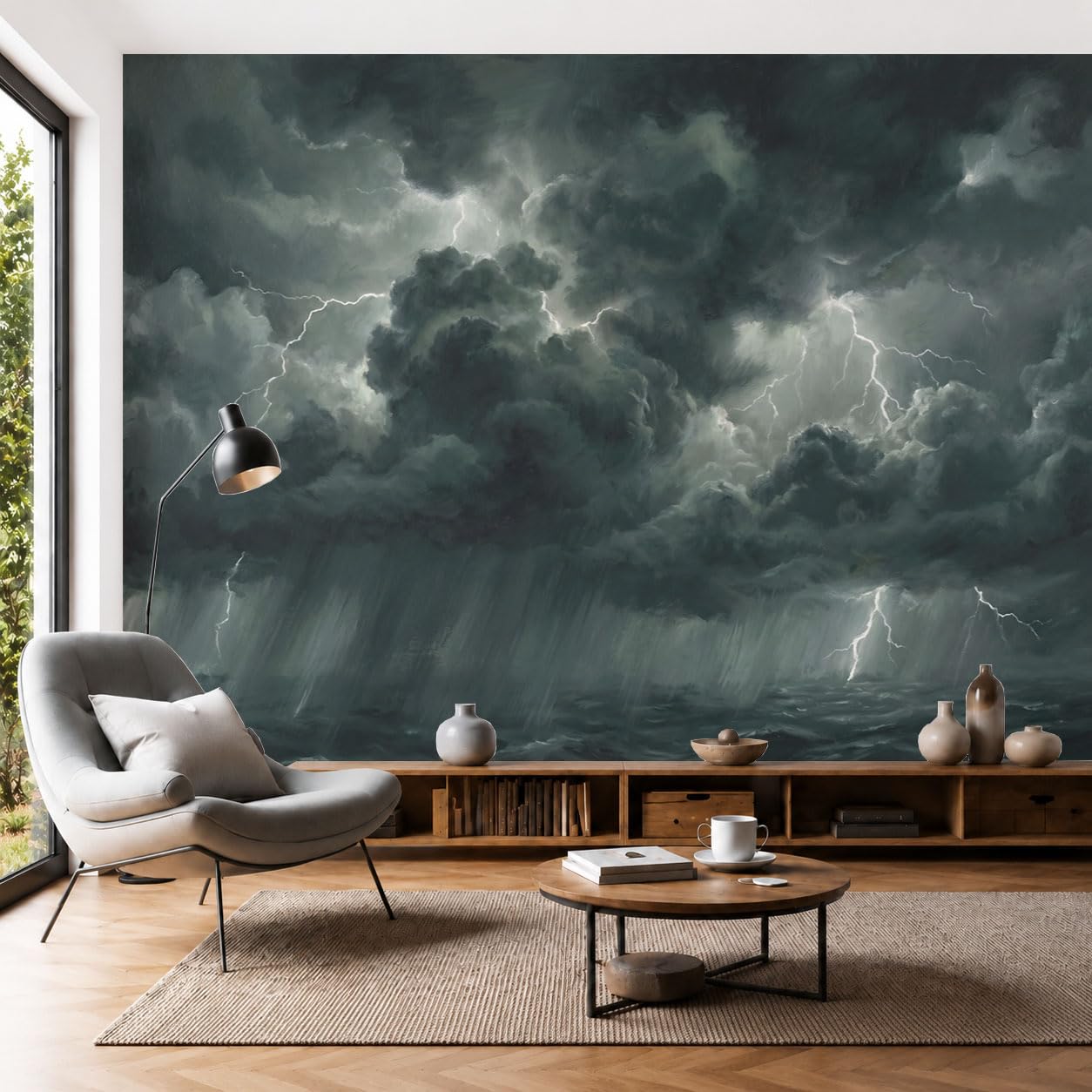 Papier peint panoramique nuages gris pour agrandir un salon sombre