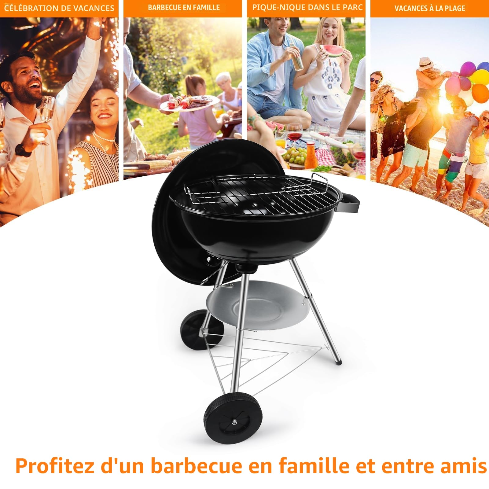 Barbecue Charbon Rond avec Couvercle et Roues BBQ Portable Grill Jardin Camping Balcon Taille moyenne