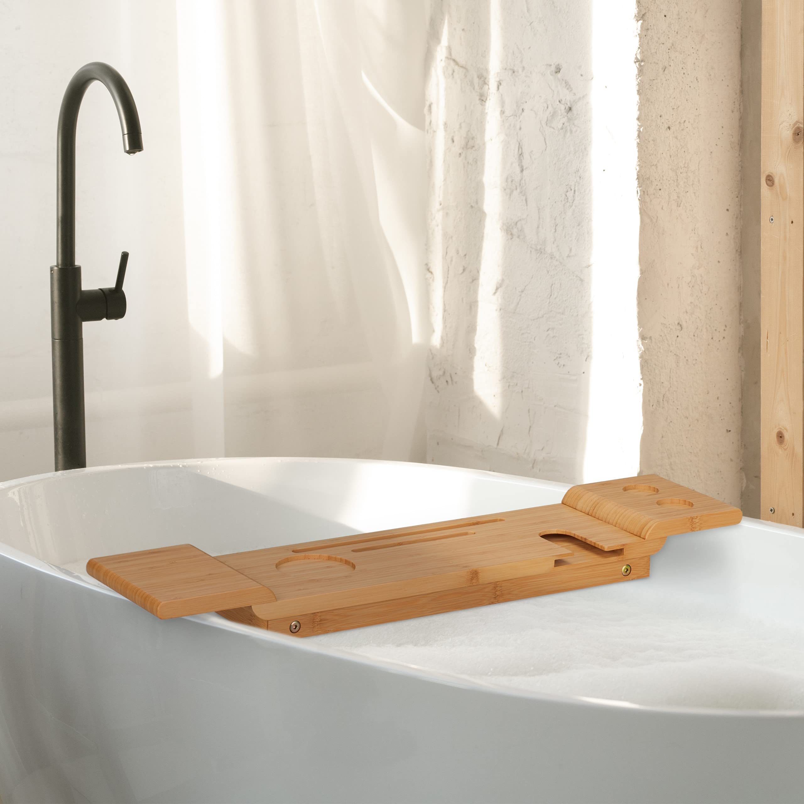 Relaxdays Plateau de Baignoire, en Bambou, Largeur : 70 cm, Pont pour Verre, téléphone, Tablette, à accrocher, Nature