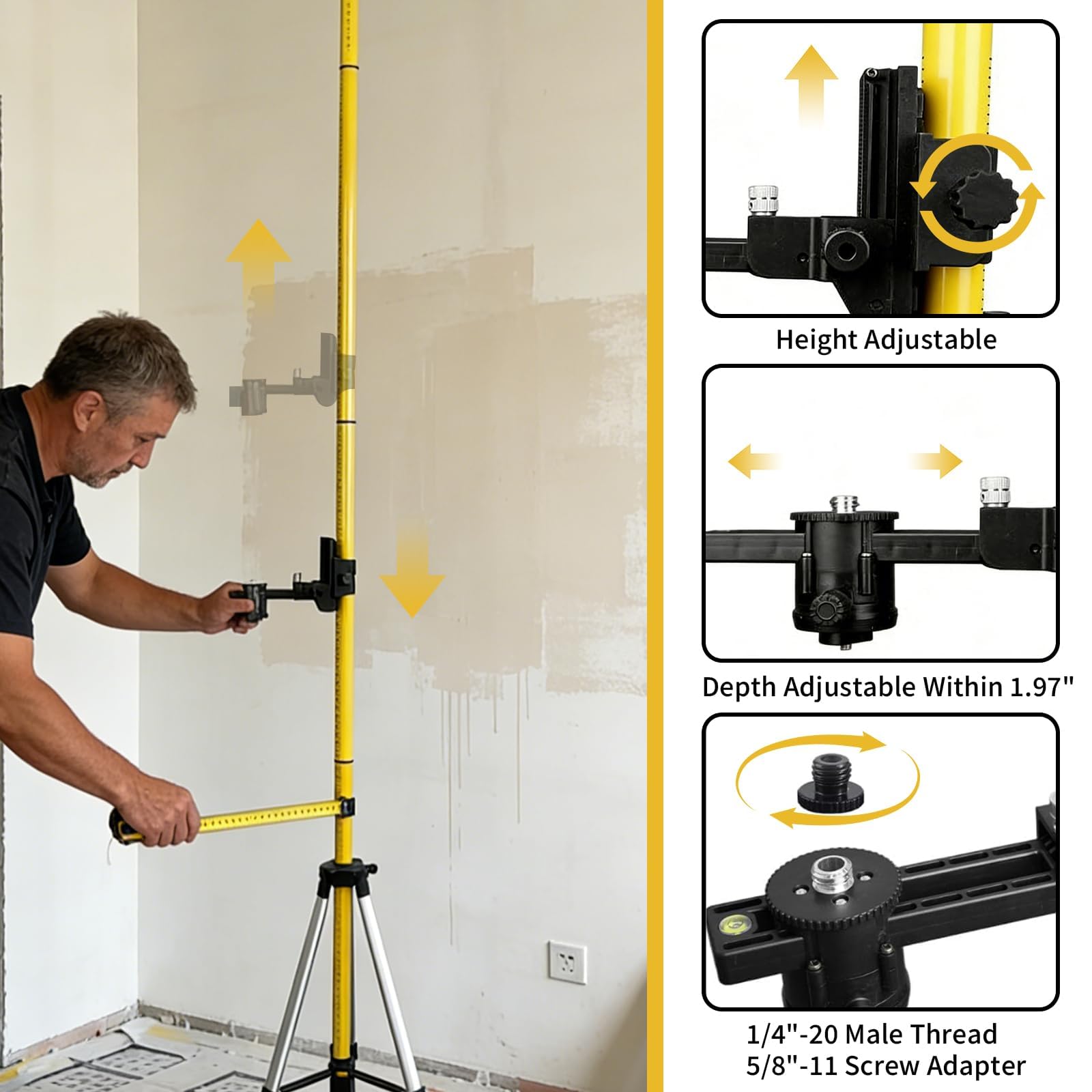 Poste de nivel láser, trípode telescópico de 3,7 m con soporte láser de 1/4 pulgadas por 20 pulgadas para láseres giratorios y de línea, telescopio ajustable