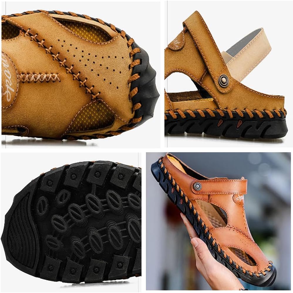Men closed toe leather sandals hand stitched breathable with hollow out design adjustable back strap outdoor driving and walking sandals