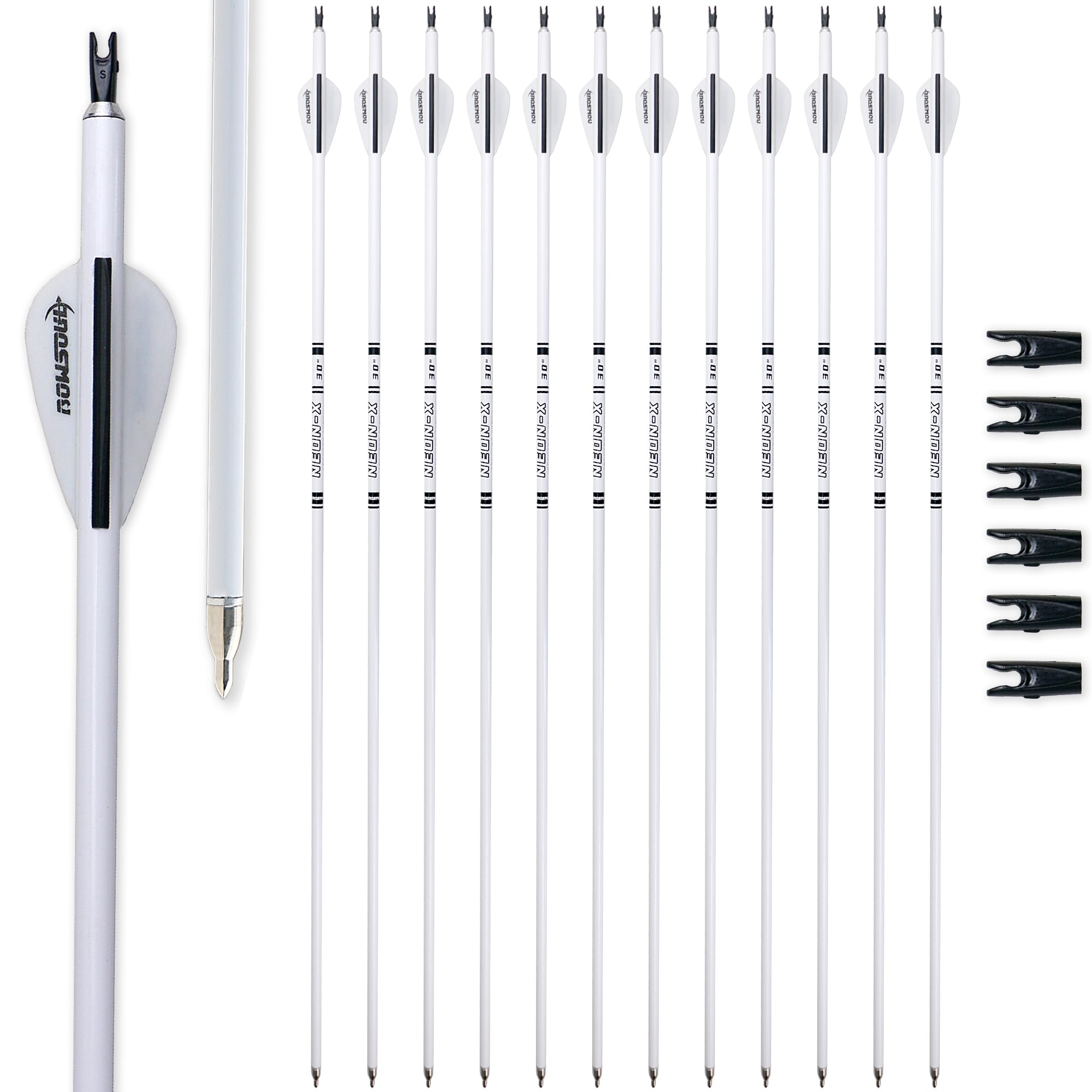 BOWSOUL Carbon Arrow Archery 30inch Bright Colors Hunting Target Practice Arrows for Compound & Recurve Bow Spine 500 with Removable Tips (Pack of 12) (Bright White)