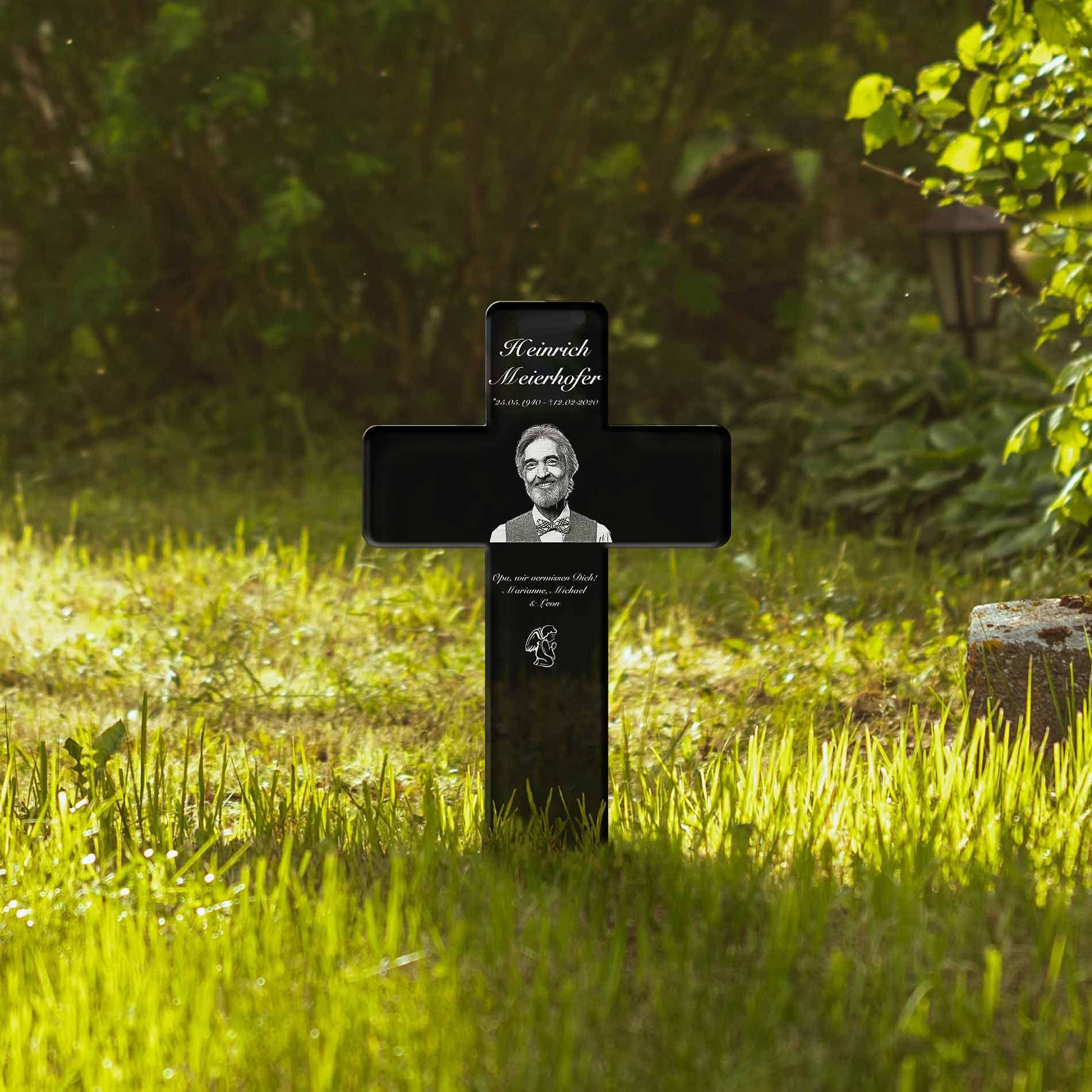 Personalisiertes Grabkreuz mit Gravur aus Hochglanz Acrylglas - Grabstecker Kreuz als wetterfester Grabschmuck mit Gravur - Grabdeko für Urnengrab Grab - schöne Trauer Deko Friedhof (Mit Foto)