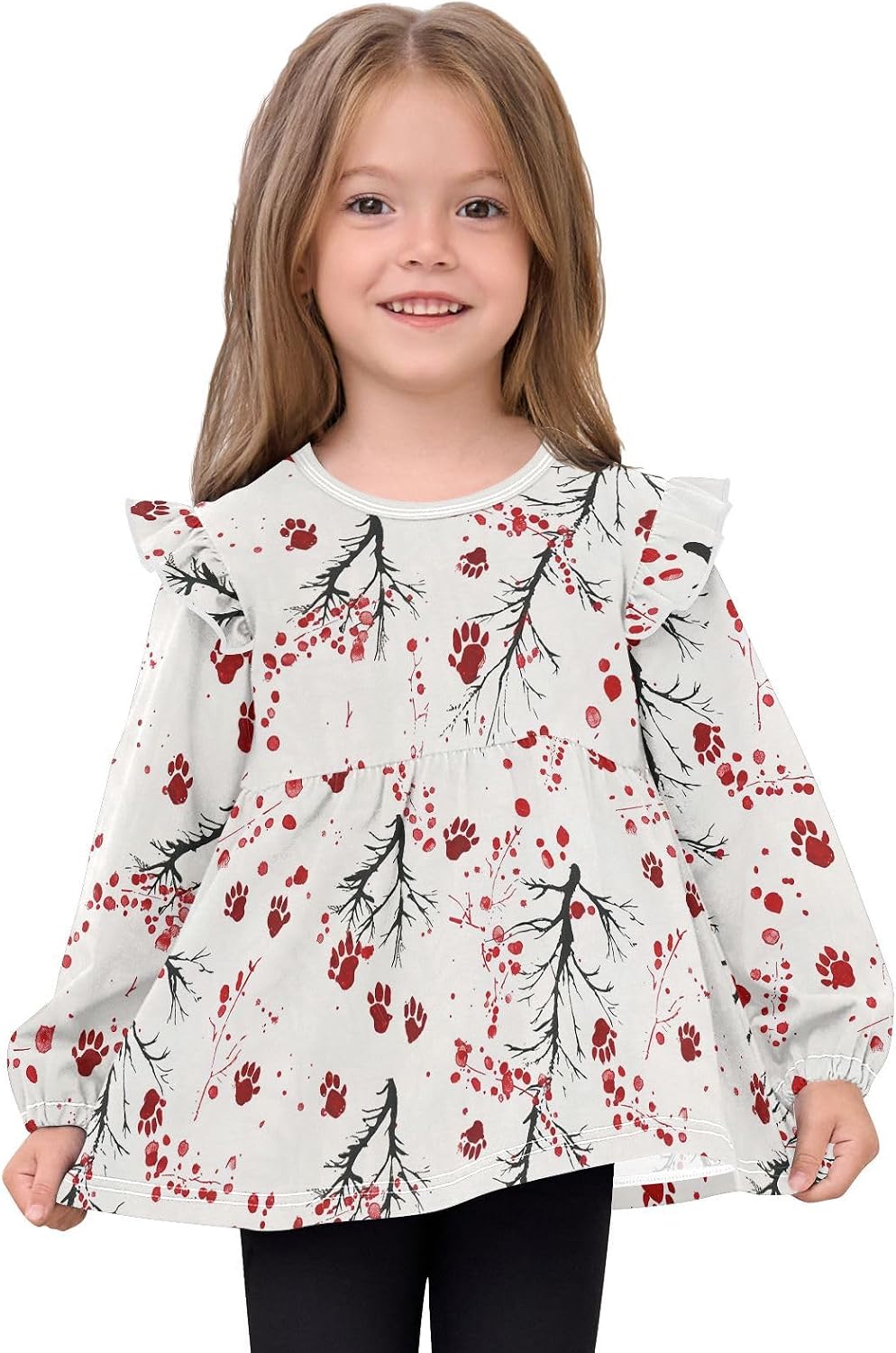 visesunny Toddler Clothes for Girls Animal Footprints Branch Long Sleeve Fall Shirts Cotton Top with Ruffle Collar