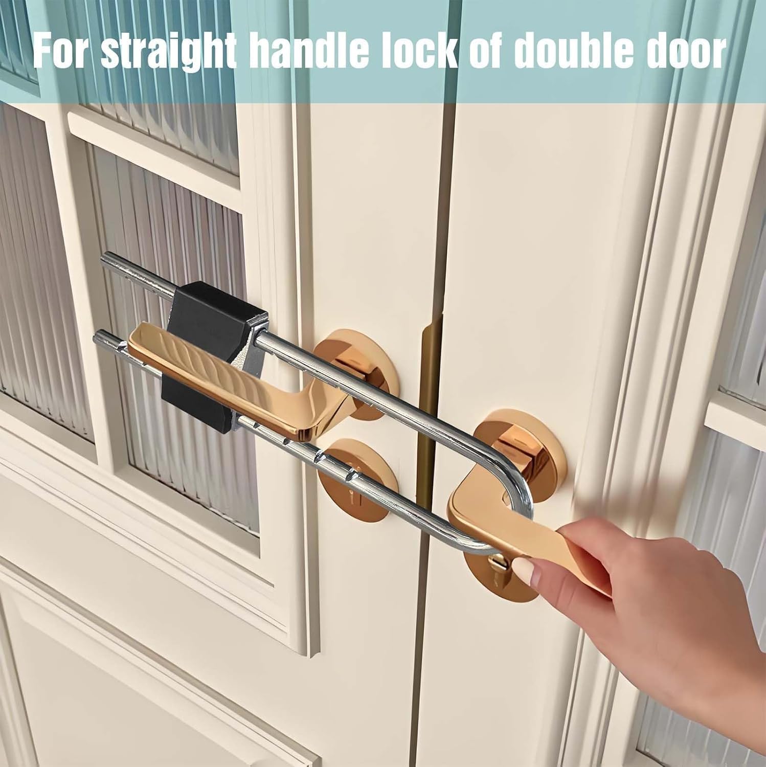 French Door Lock (2 Sets）Door Security Bar, Double Door Locking Device, Keyed Extra Door Lock for Doors with Double Handles/Knobs/Levers, All Metal Construction