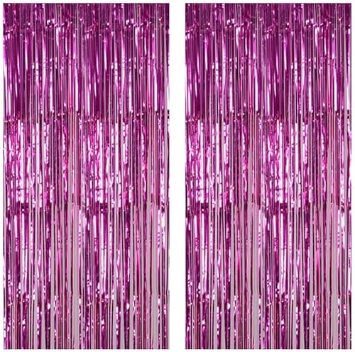 DUOBAO Cortinas de flecos de papel de oropel rosa intenso, 2 paquetes de 3 x 8 pies, telón de fondo de fotos de oropel metálico, cortina decorativa