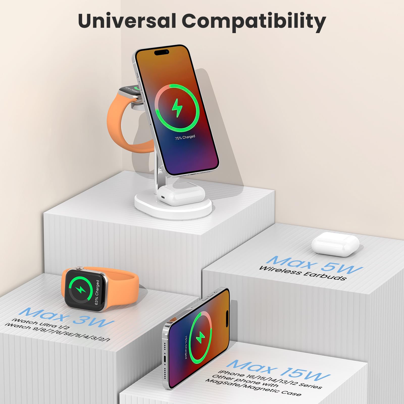 Station de charge sans fil 3 en 1, chargeur amovible pour Apple Watch et support de chargeur 15 W pour MagSafe pour iPhone, chargeur sans fil pour plusieurs appareils iPhone 16/15/14/13, montre et