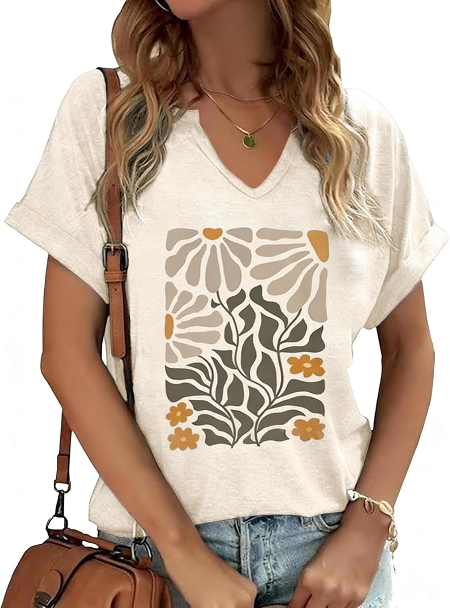 PUCKOLITY Vintage Flowers V Neck Shirt for Women Boho Floral Wildflowers Graphic Tee Casual Cottagecore Summer T Shirt