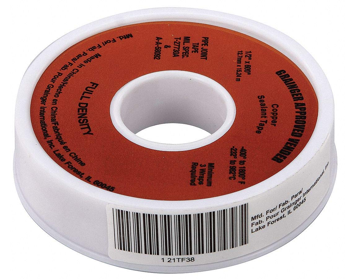PTFE,1/2Inwidth,Coppercolor,Threadsealanttape,0.9To1.1Sg,600Inlength,2040016695