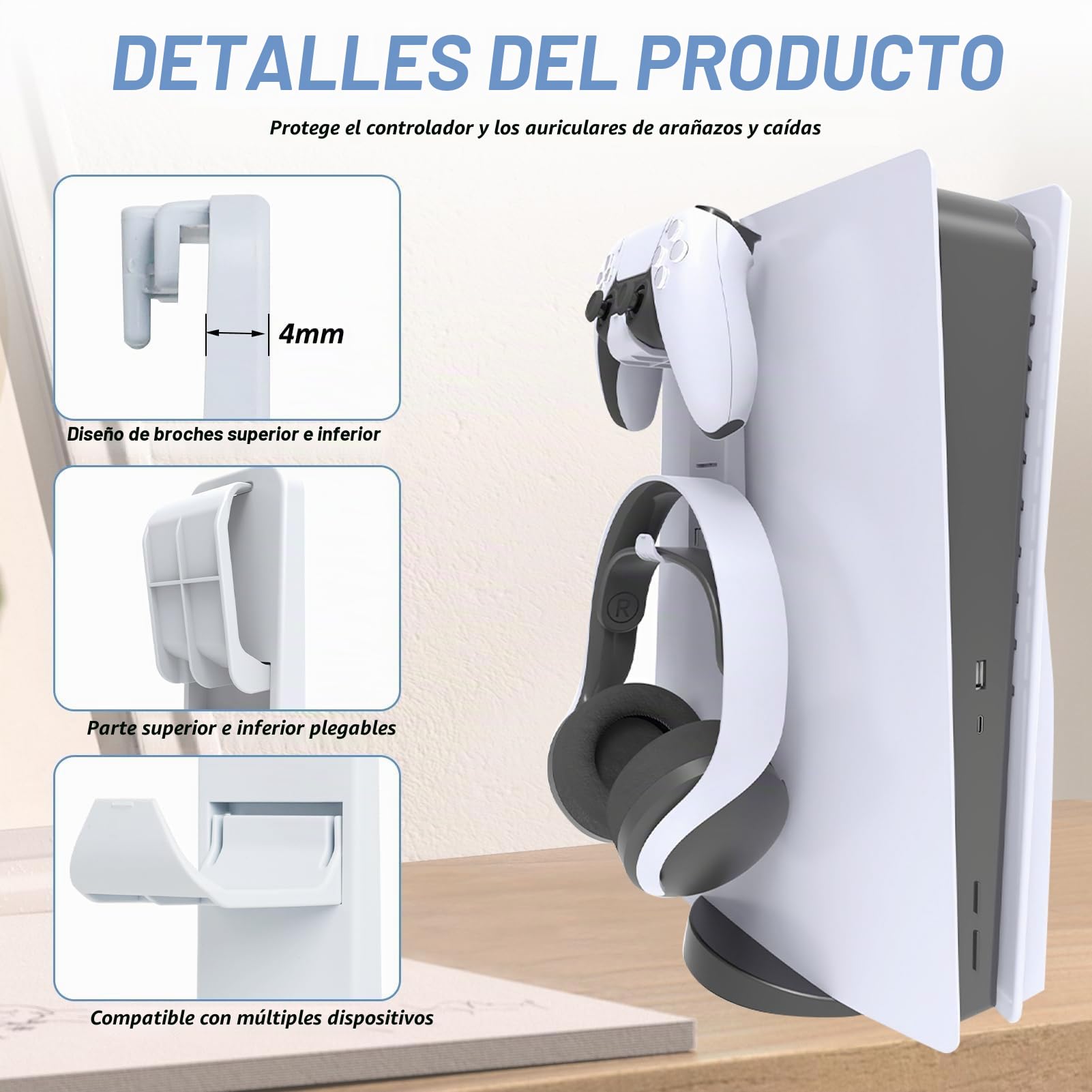 Soporte para Auriculares y Controlador de Juegos Compatible con PS5, Soporte Universal de Pared Plegable con Ganchos Dobles, Accesorios para Juegos, Gancho para Auriculares y Mando