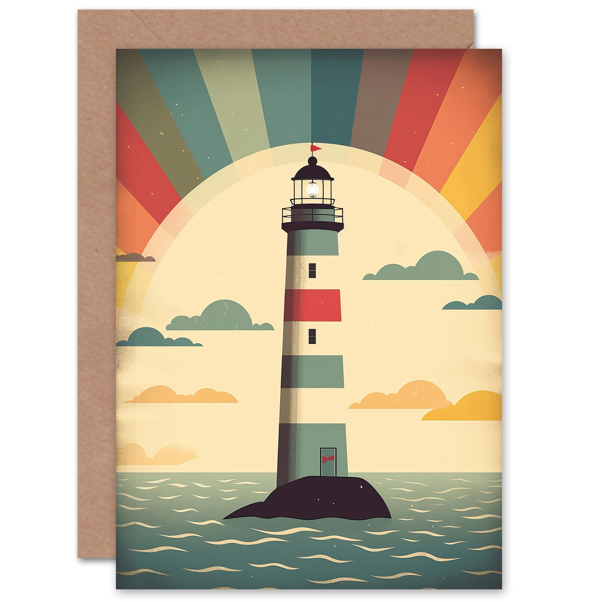 Artery8 Retro Lighthouse Sunrise for Him or Her Man Woman Birthday Thank You Congratulations Blank Art Greeting Card