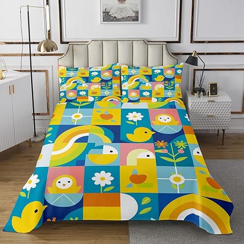 Miniatura 2 de Juego de colcha acolchada de lindo pollito, naranja y amarillo, diseño de flores de retazos, huevos de Pascua azules, tamaño individual, flores