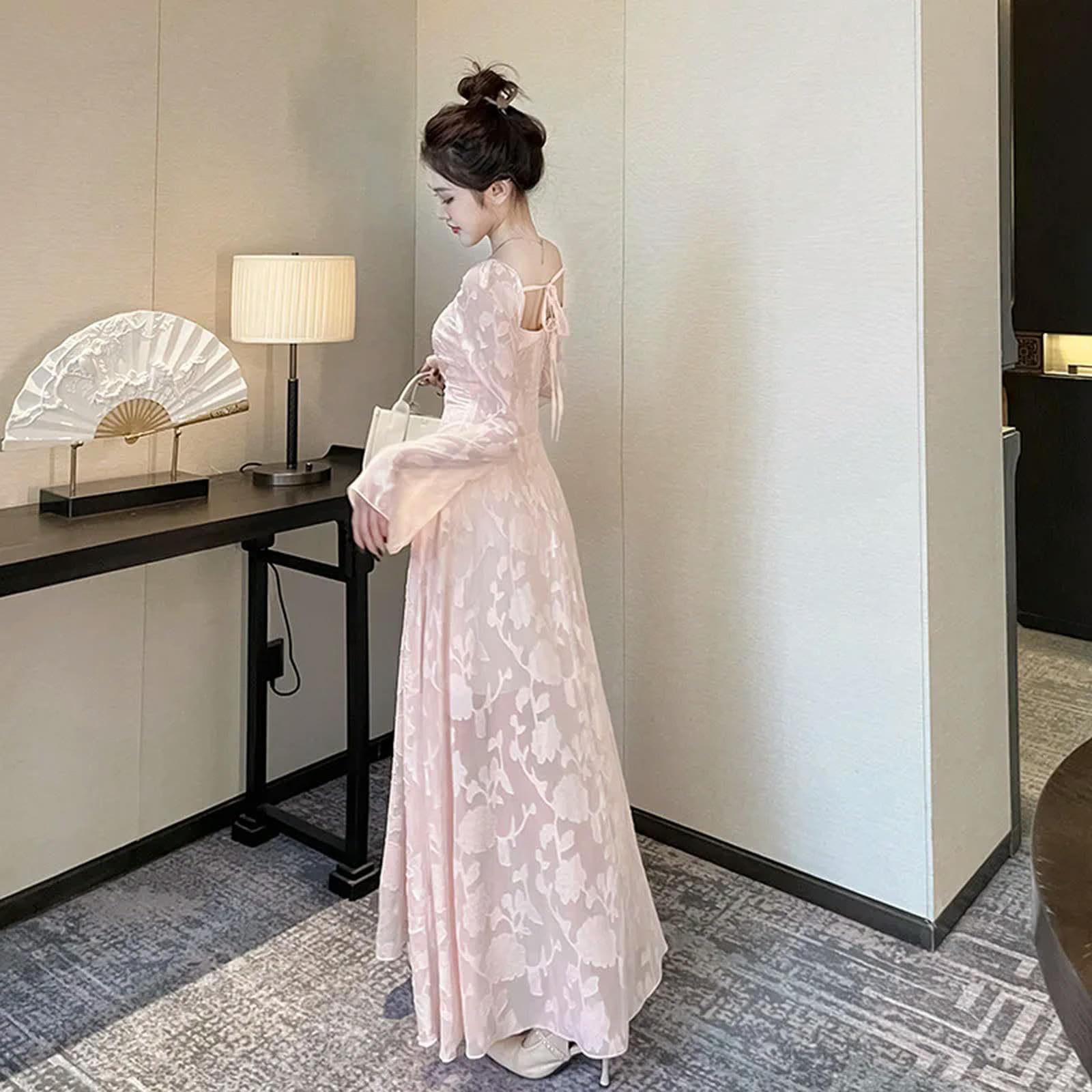 Vestido Elegante de Moda para Damas, con Escote en V, Manga Acampanada y Escote en V, Color Rosa, Talla S