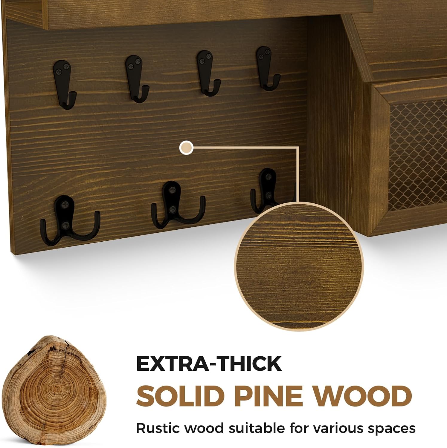LubanNese Key Holder Wall Mount Pine Wood 16 X 8 Mail Organizer Key Rack for Wall with Hooks and Shelf, Rustic Wooden Key Hanger for Entryway Rustic, Brown