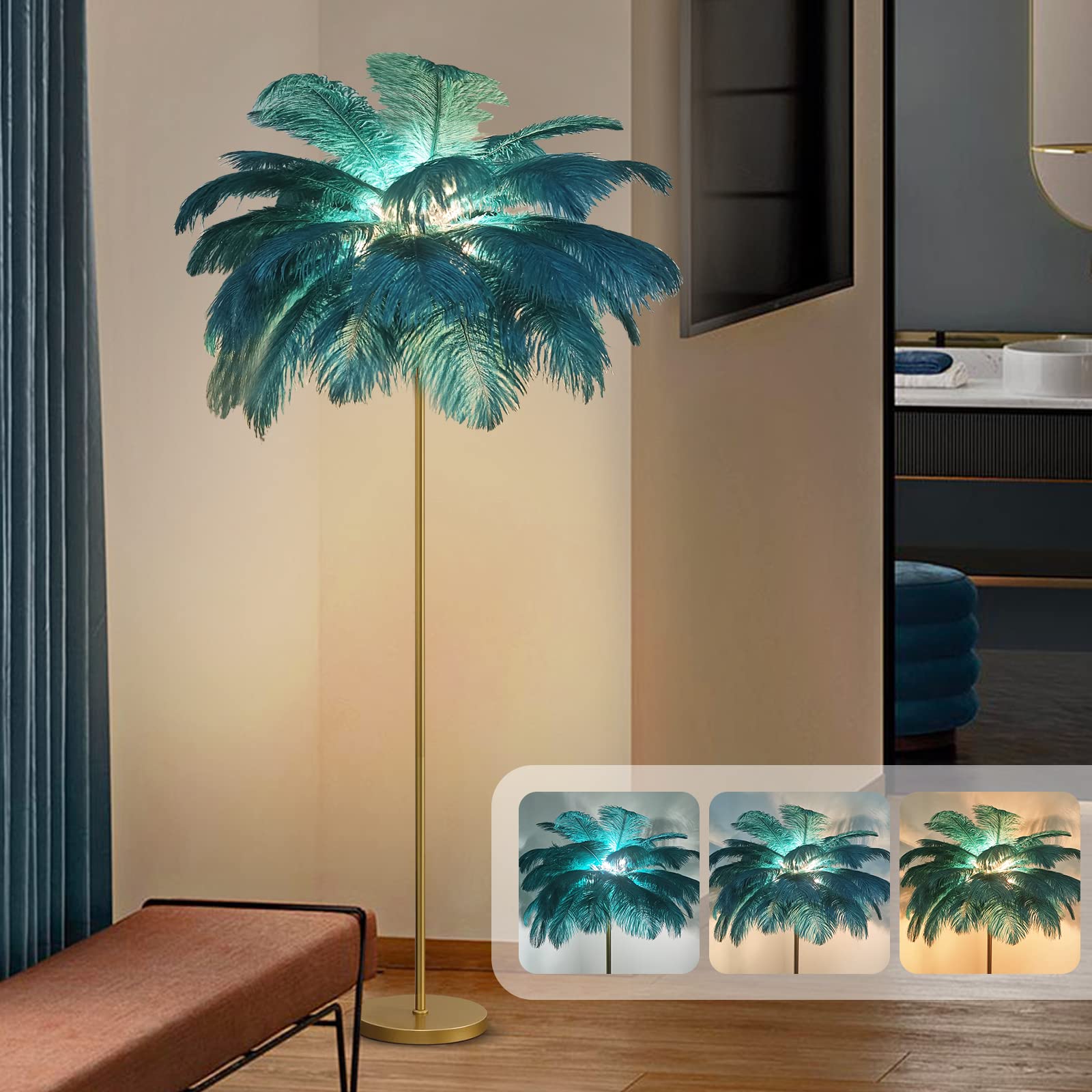 Ostrich Feather lamp,black pink Gold Floor lamp feather led standing lamp for Daughter's Room can be DIY Applicable to living room lamp decoration ( peacock blue )